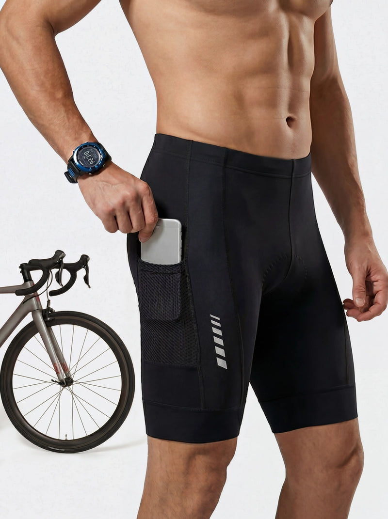 Men's triathlon shorts, black, side view with mesh pocket and logo stripe