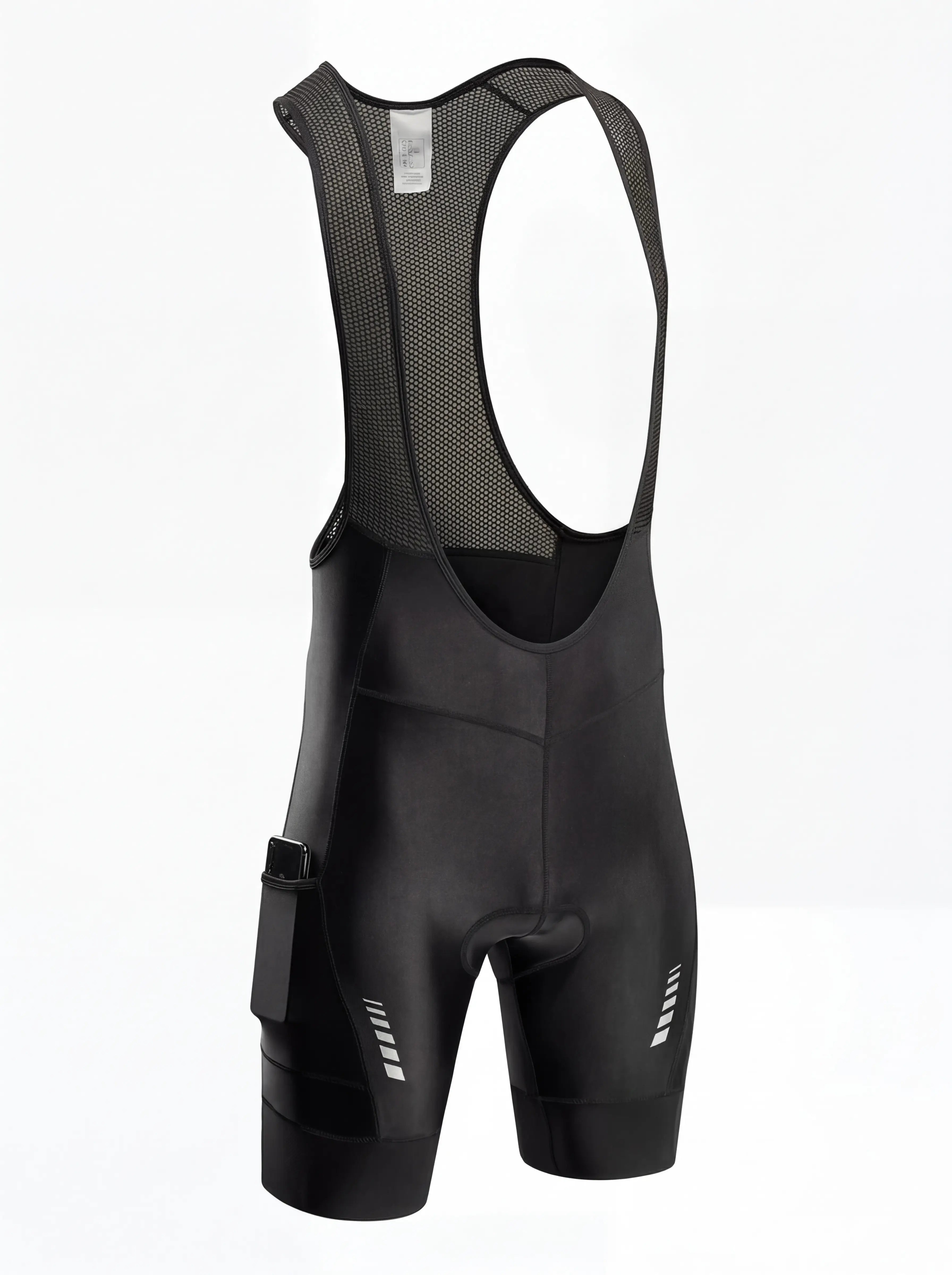 Black road cycling bib shorts with mesh back and padded chamois bibs