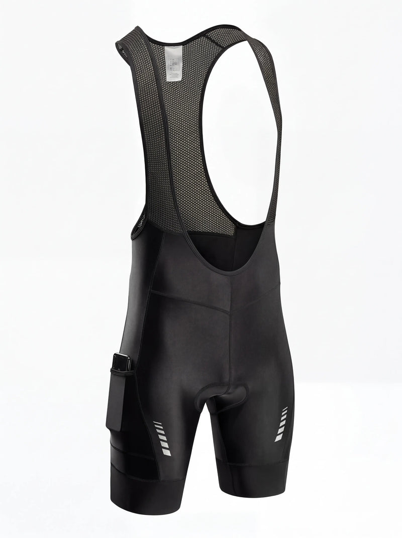 Black road cycling bib shorts with mesh back and padded chamois bibs