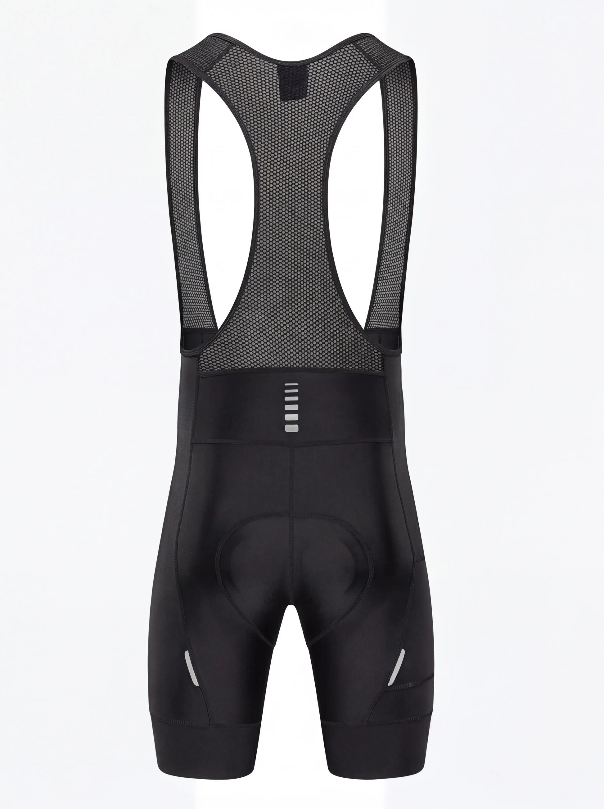 Black cycling bib shorts with wide straps and gel-like chamois pad