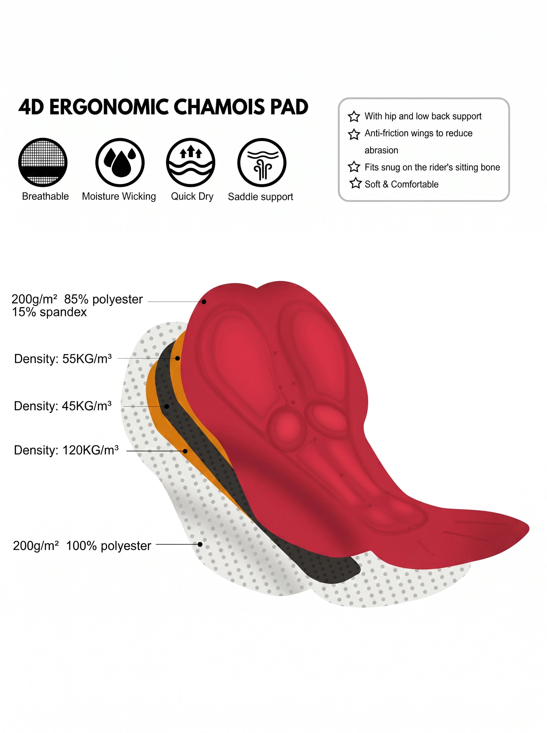 4D ergonomic chamois pad: breathable, moisture-wicking, soft saddle support