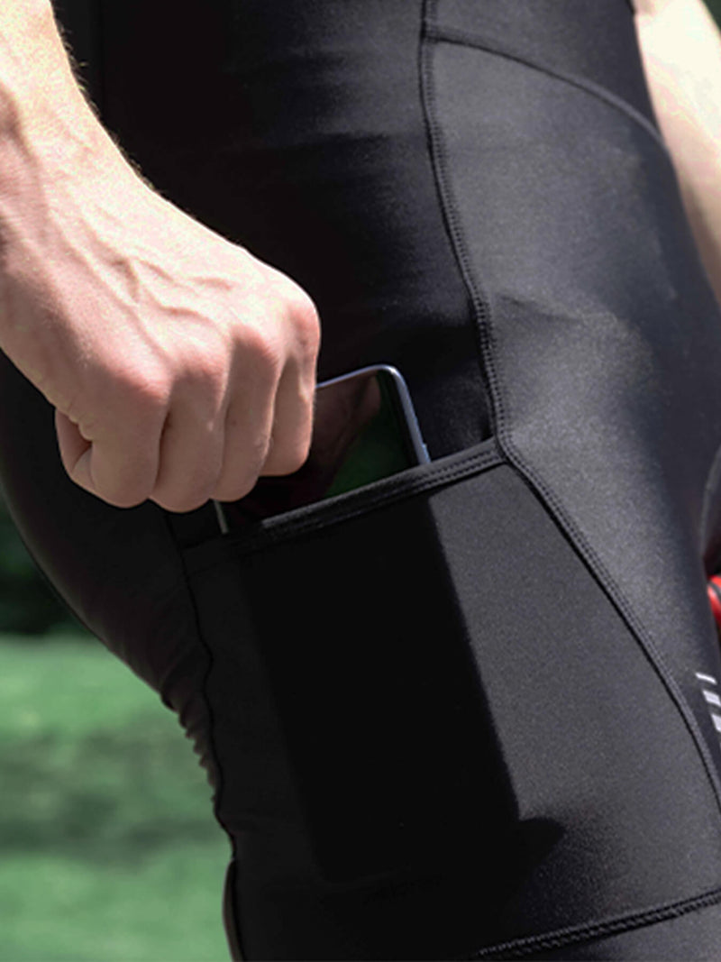 Black cycling bib shorts close-up of thigh panel and stitched seam