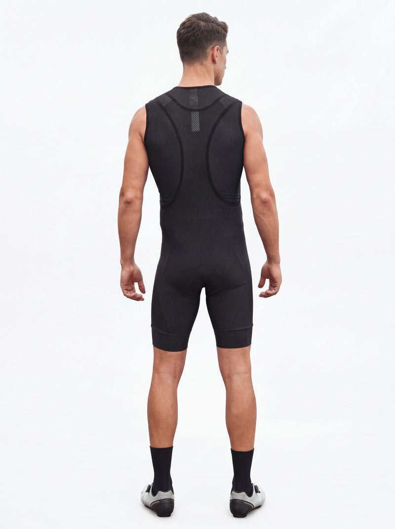 QUALICOS Men's Cycling Bib Shorts black back view on model with breathable mesh bib straps