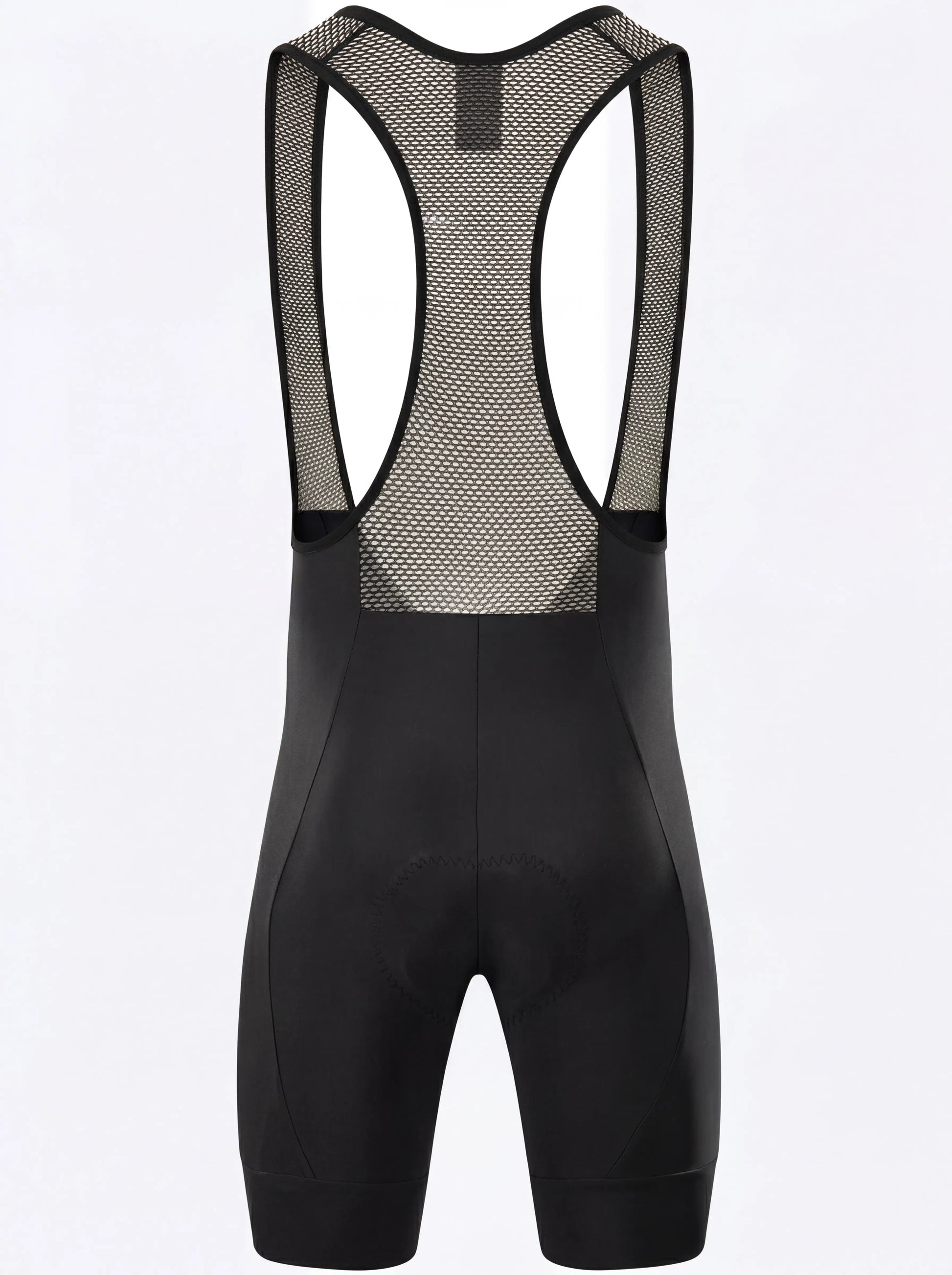 QUALICOS Men's Cycling Bib Shorts black flat lay back view with breathable mesh bib straps and padded seat