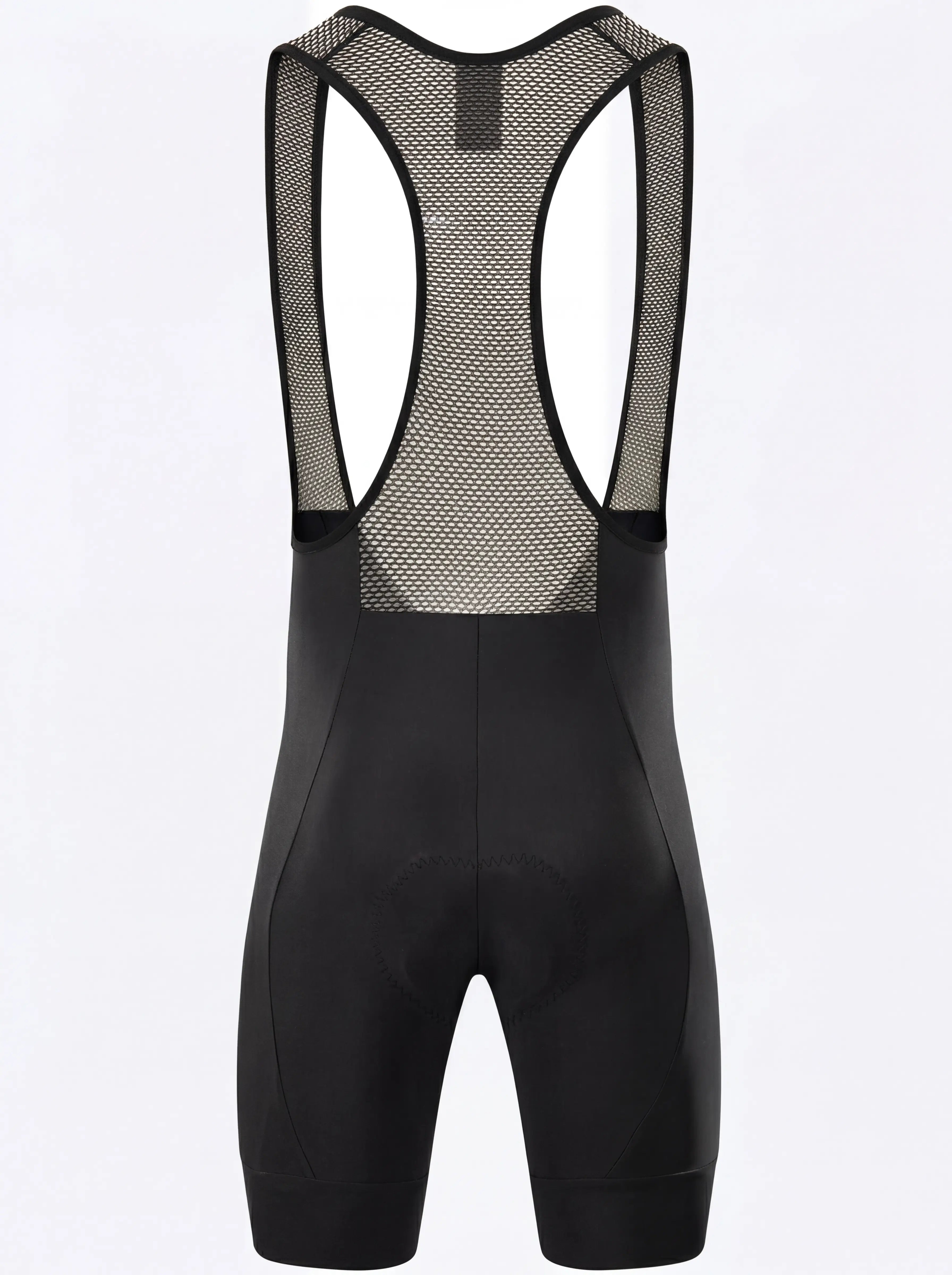 QUALICOS Men's Cycling Bib Shorts black flat lay back view with breathable mesh bib straps and padded seat