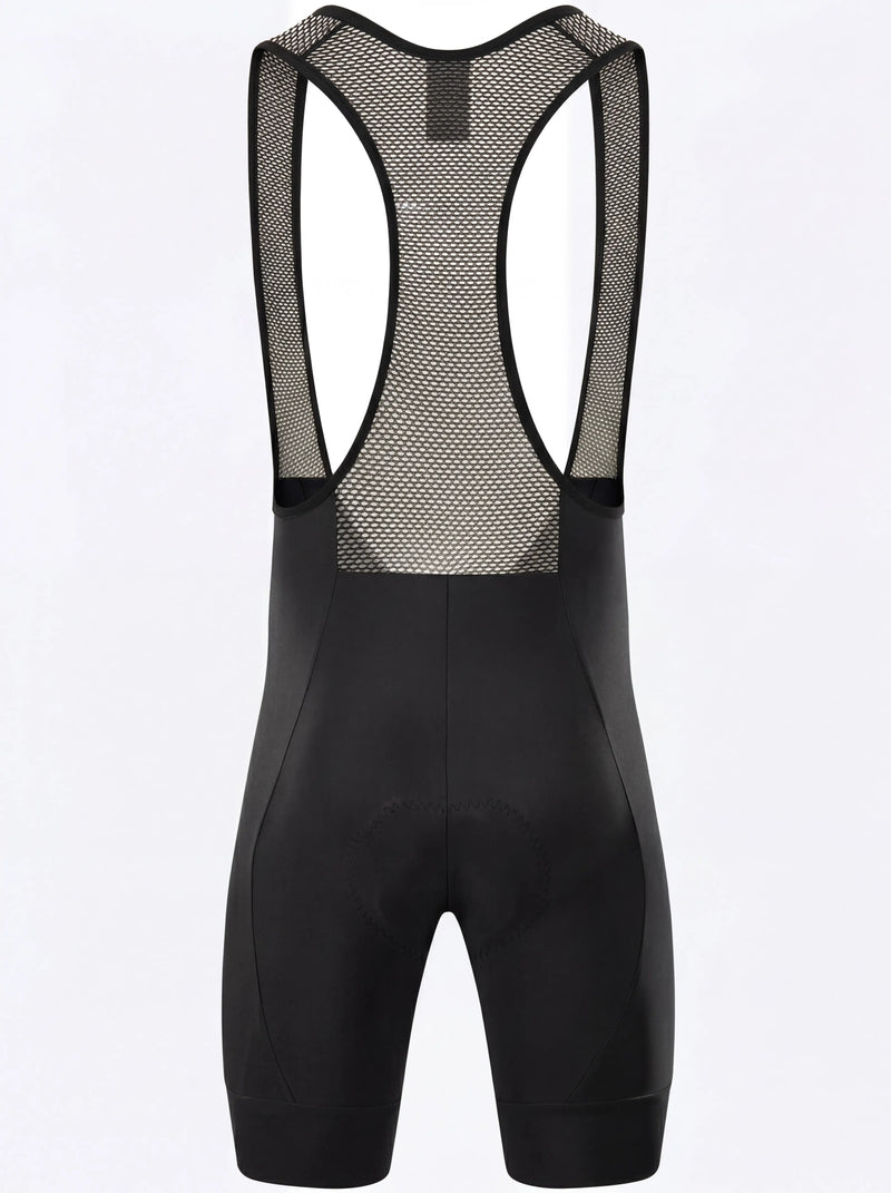 QUALICOS Men's Cycling Bib Shorts black flat lay back view with breathable mesh bib straps and padded seat
