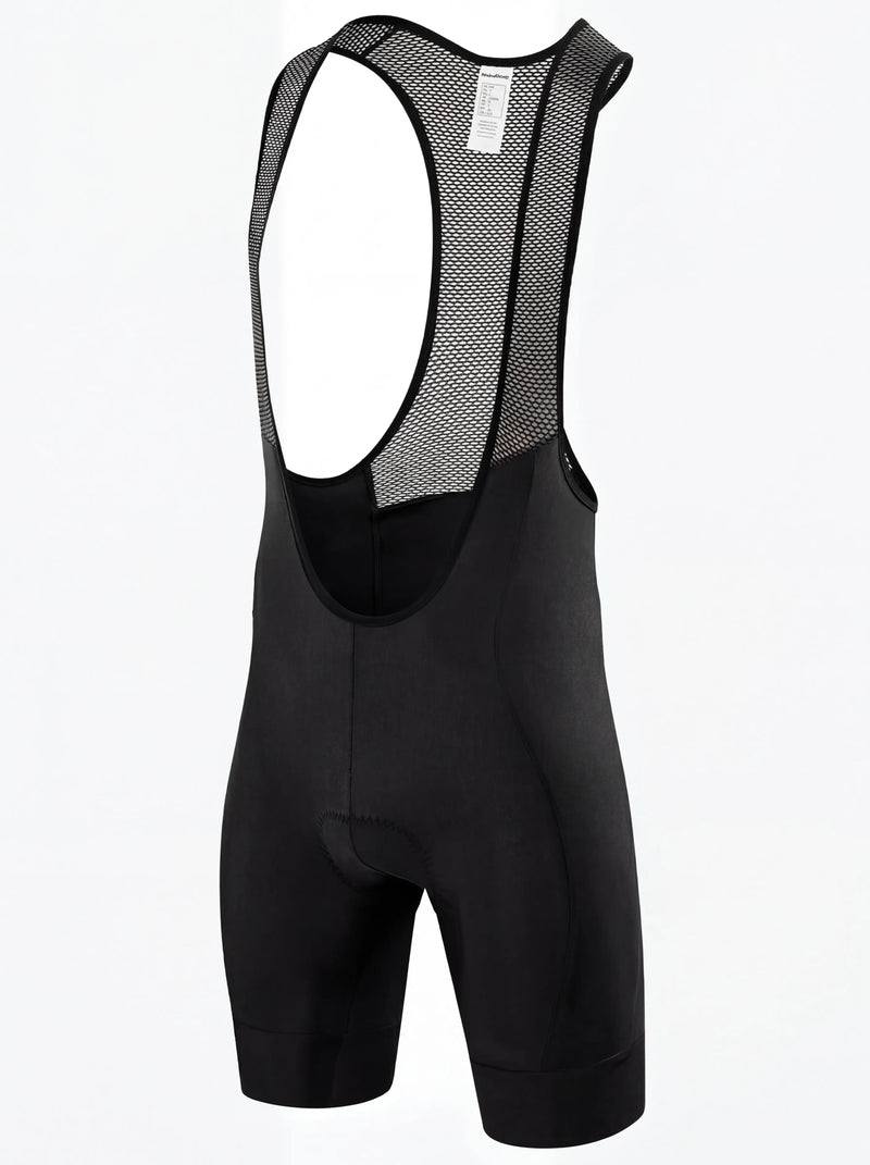 QUALICOS Men's Cycling Bib Shorts black flat lay front view with breathable mesh bib straps and padded seat