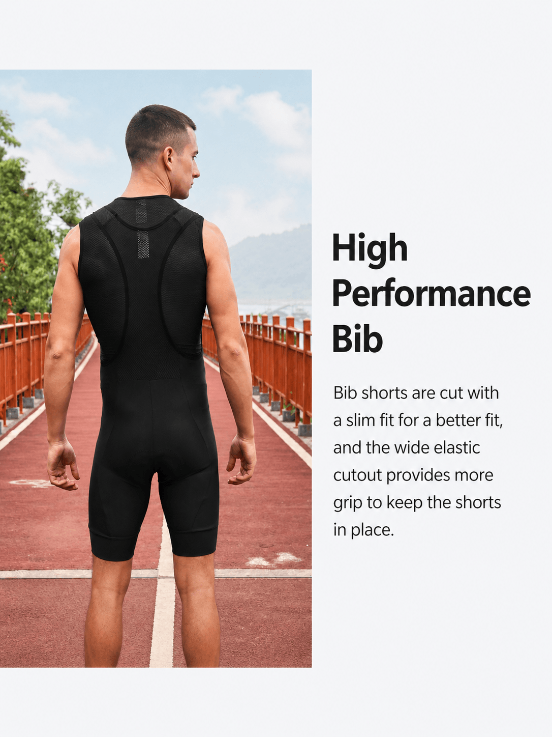 QUALICOS Men's Cycling Bib Shorts black back view on model with slim fit and breathable mesh bib straps