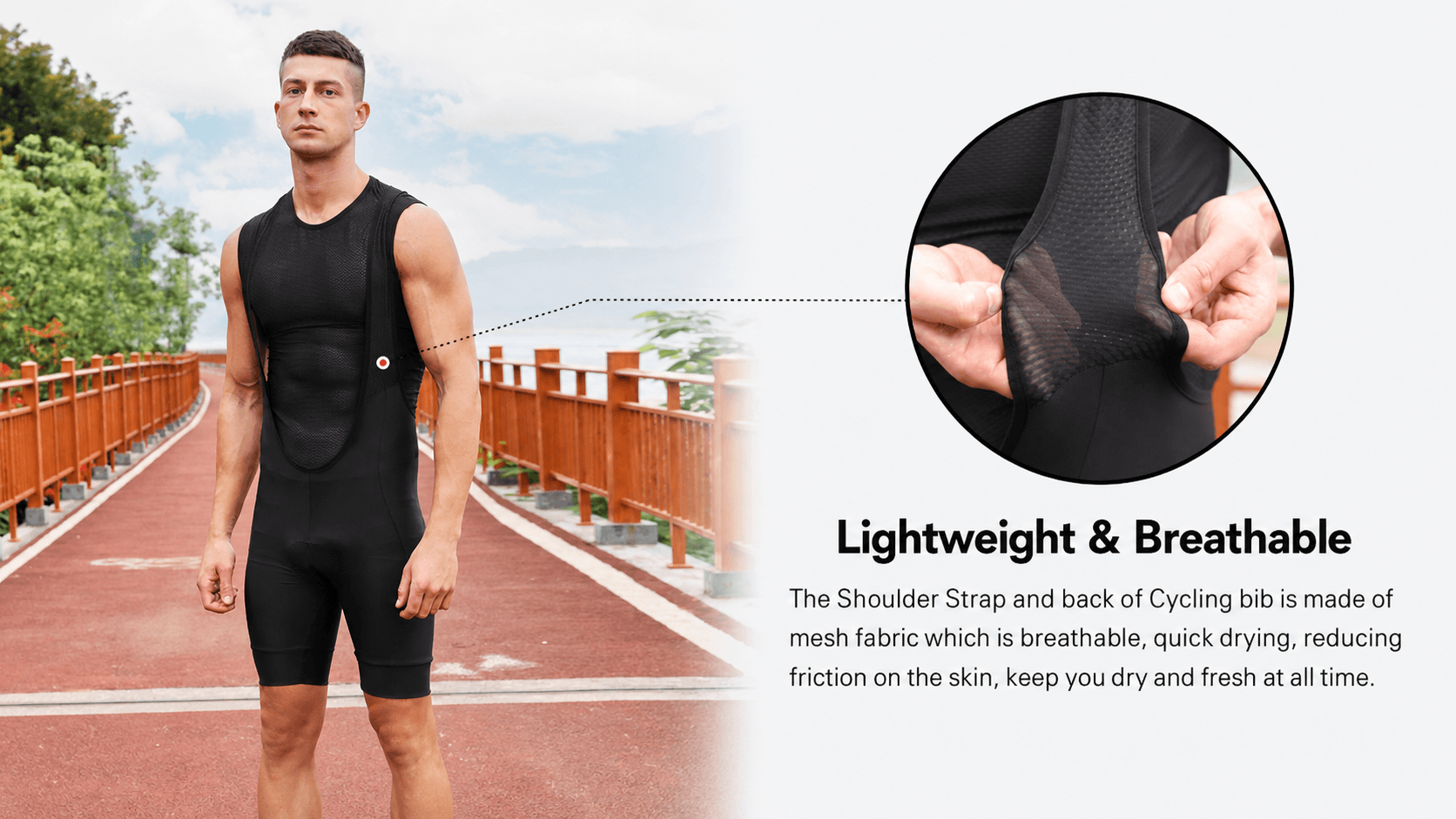 QUALICOS Men's Cycling Bib Shorts black on model with lightweight breathable mesh bib straps