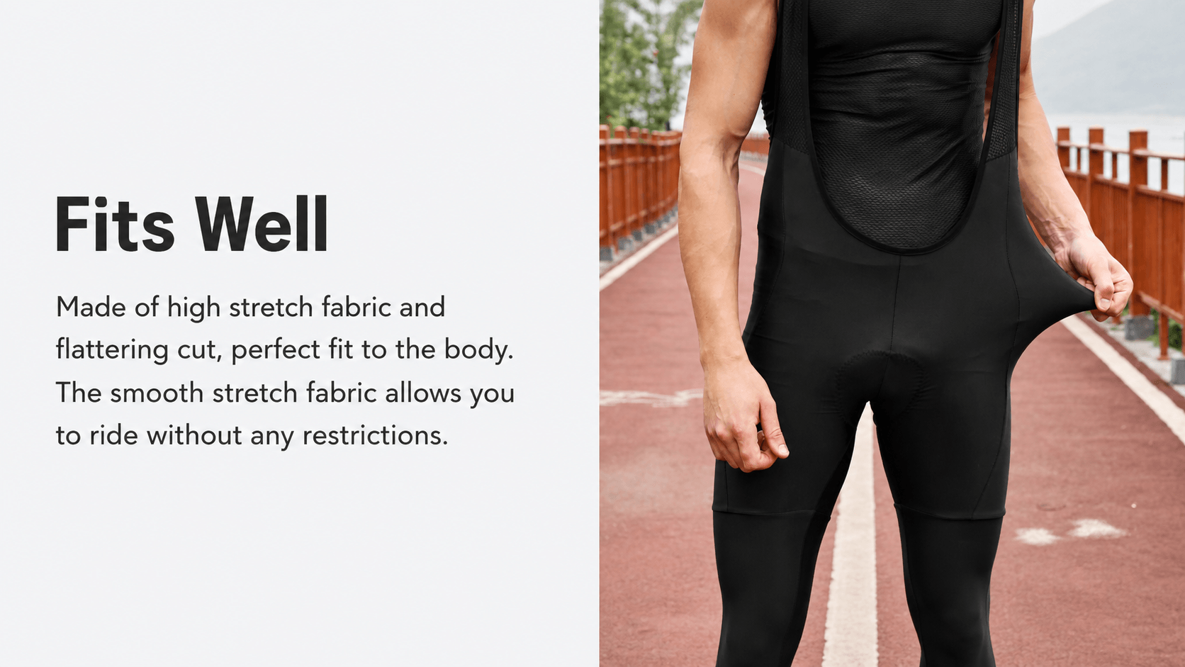 QUALICOS Men's Cycling Bib Shorts black stretch fit on model with breathable mesh bib straps and padded seat