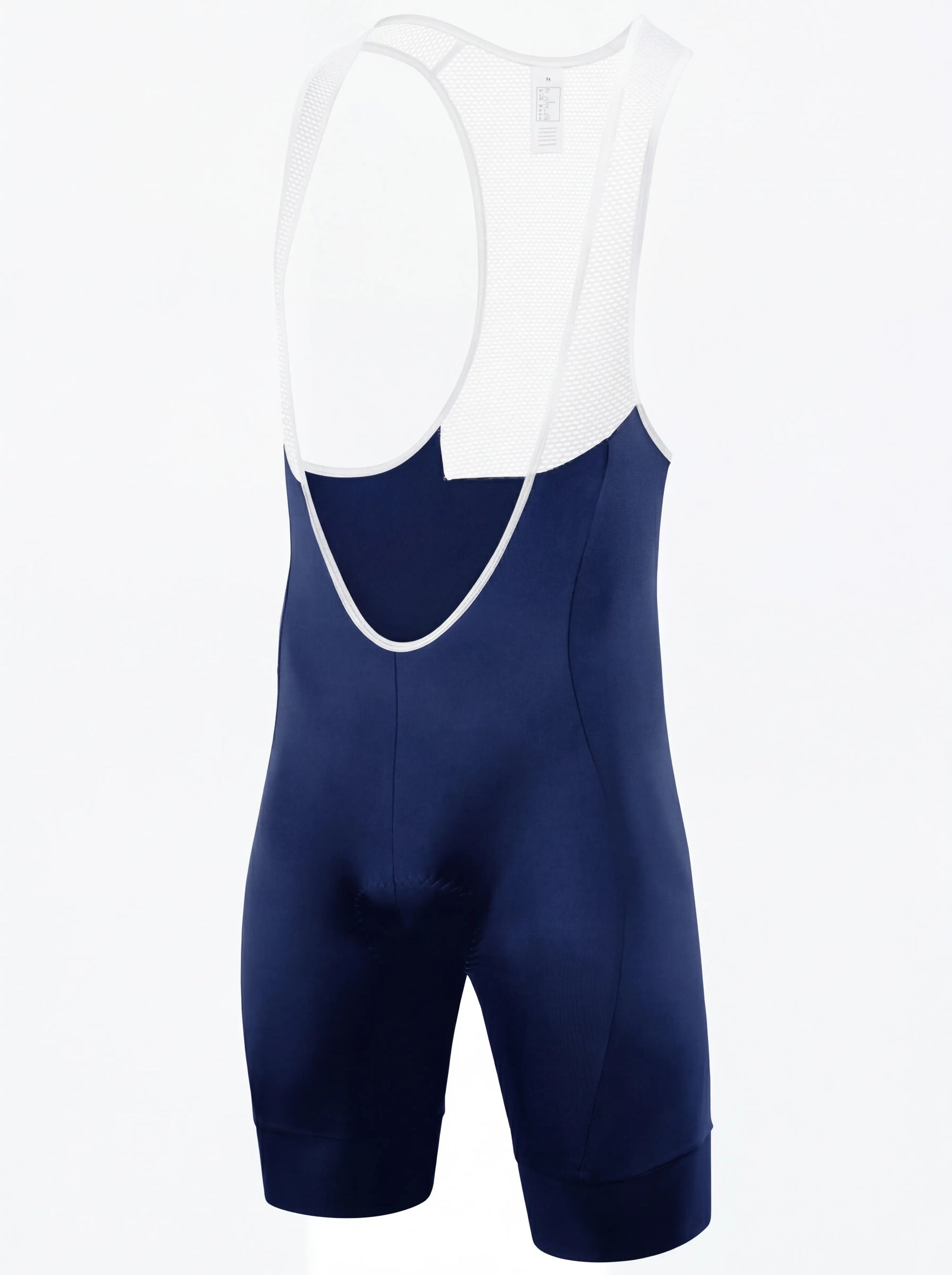 QUALICOS Men's Cycling Bib Shorts blue flat lay front view with white mesh bib straps and padded seat