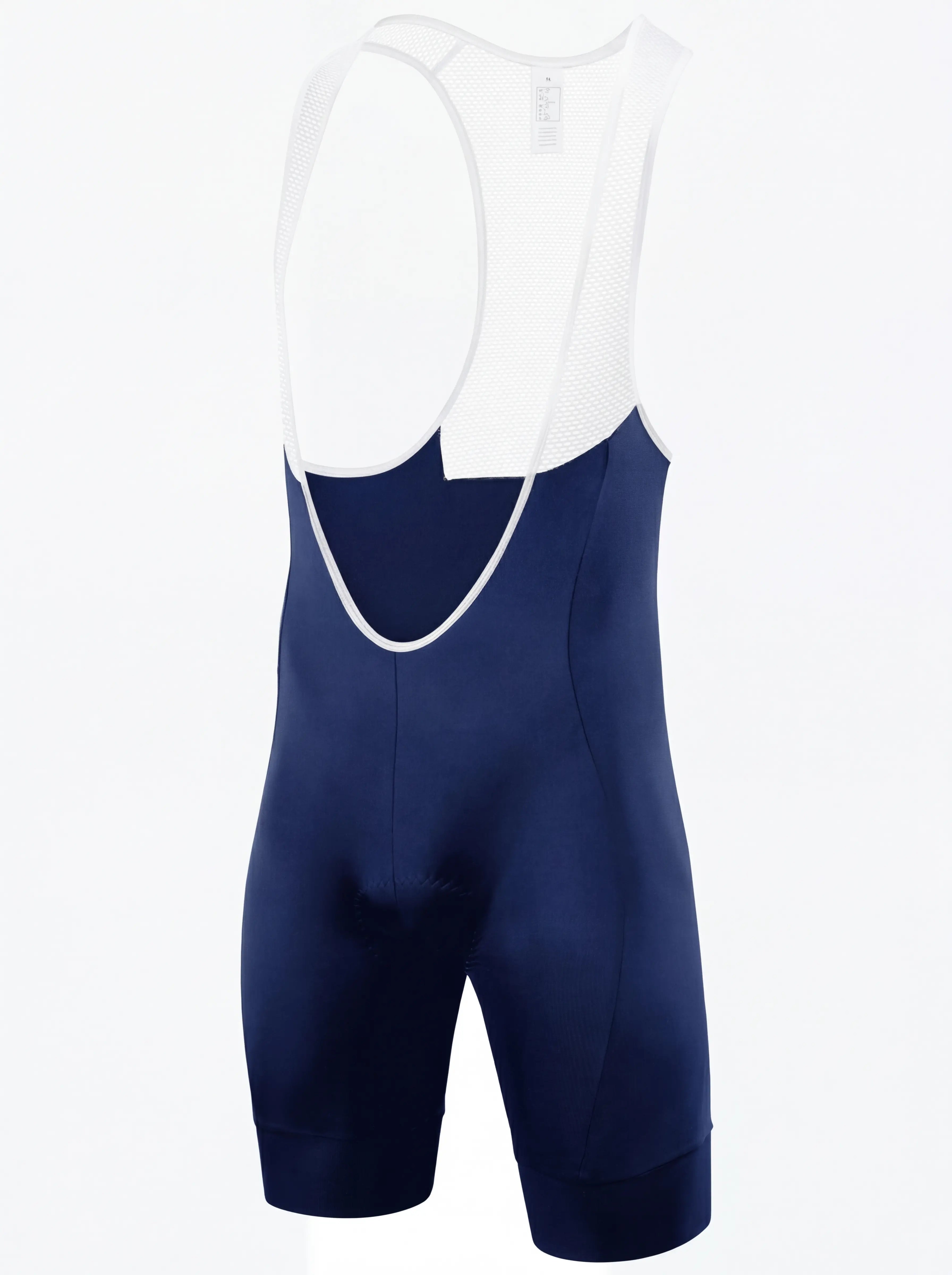 QUALICOS Men's Cycling Bib Shorts blue flat lay front view with white mesh bib straps and padded seat