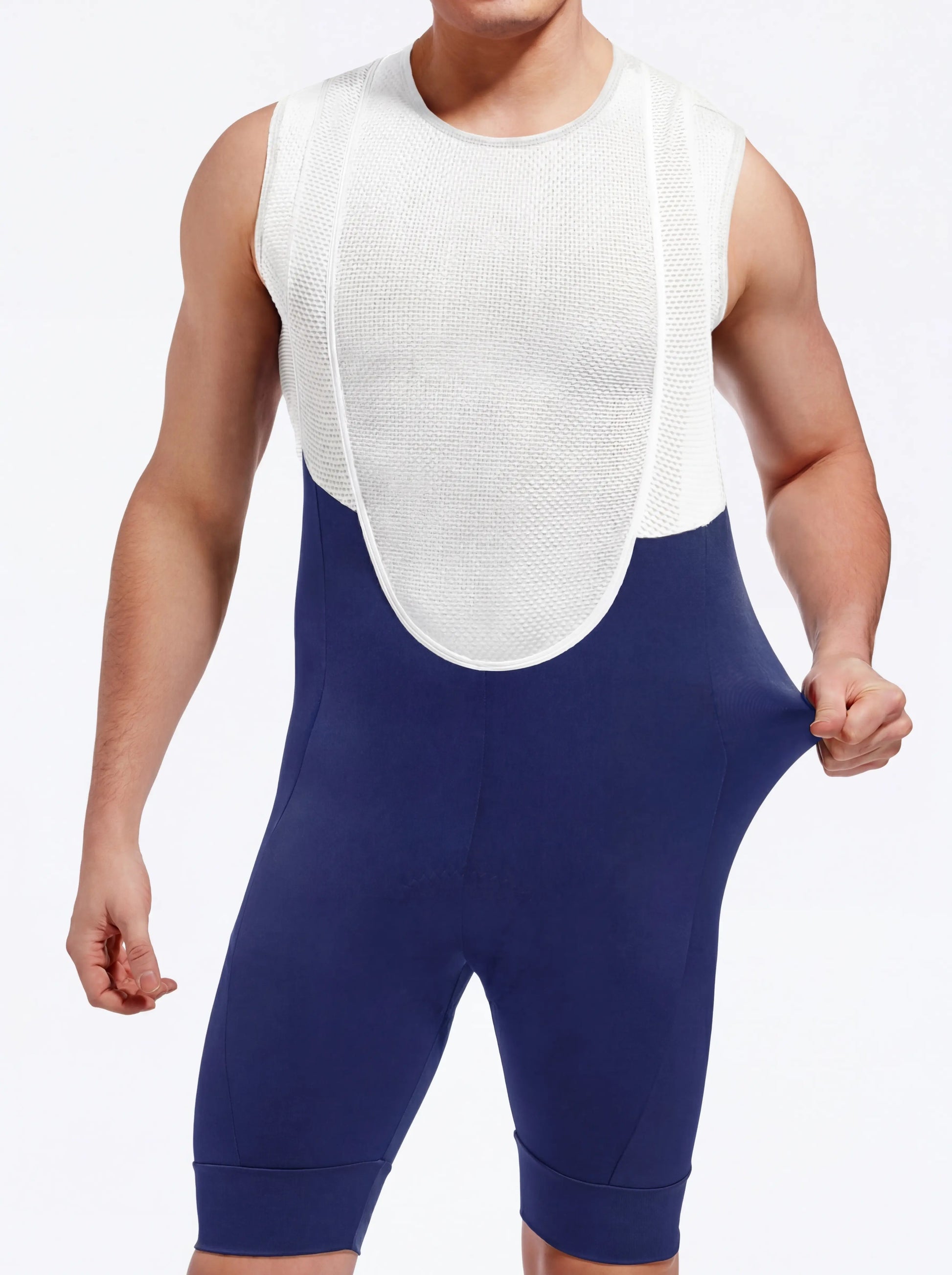 QUALICOS Men's Cycling Bib Shorts blue front view on model with white mesh bib straps and stretch fit