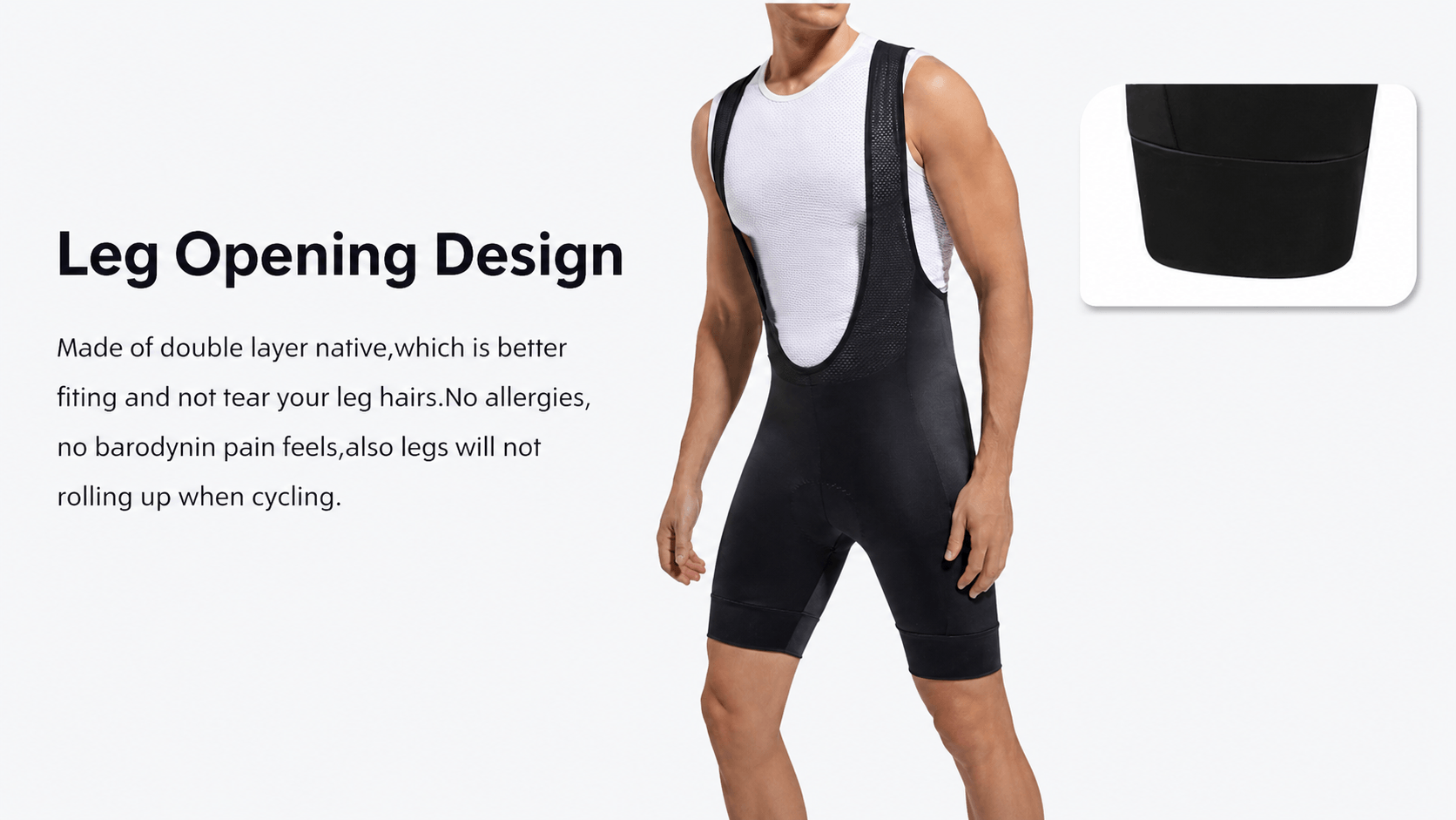QUALICOS Men's Cycling Bib Shorts Without Pockets black leg opening design with elastic grippers on model