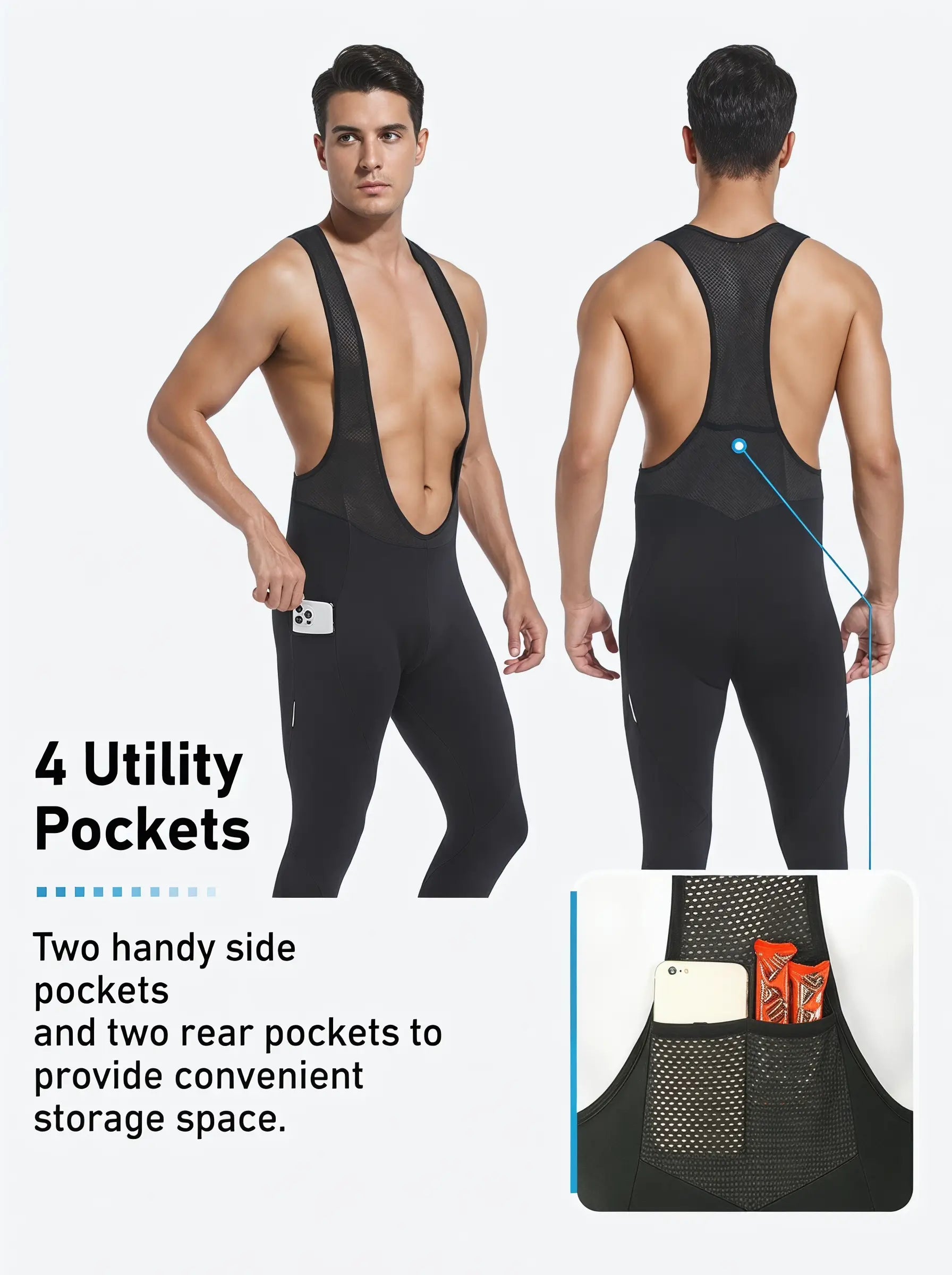 QUALICOS Men's Cycling Bib Tights with 4 utility pockets, side phone pocket, and rear mesh storage