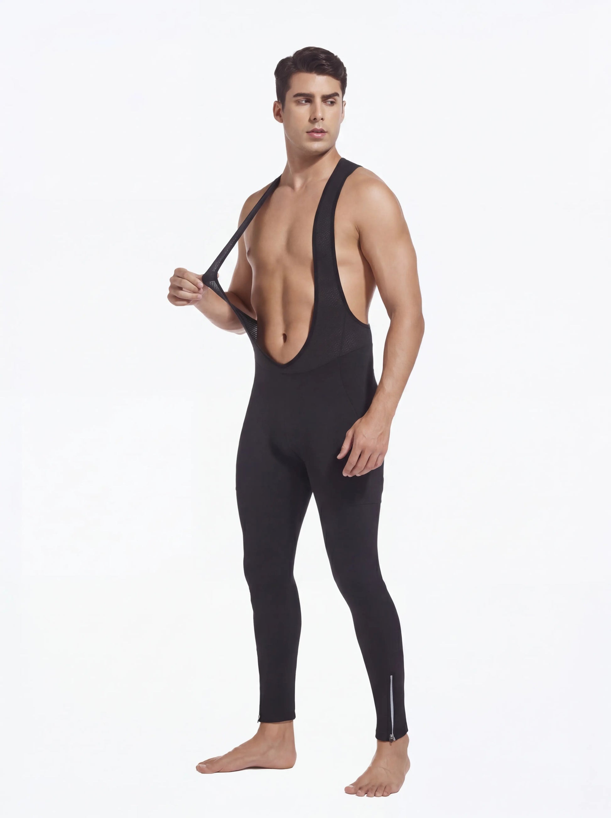 QUALICOS Men's Cycling Bib Tights angled front view with stretch mesh bib straps and ankle zipper details