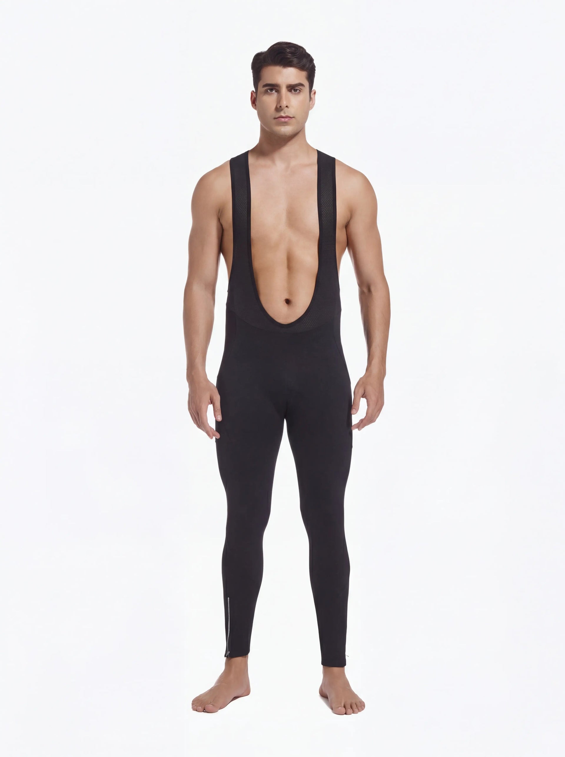 QUALICOS Men's Cycling Bib Tights front view with full-length fit, mesh straps, and ankle zipper details