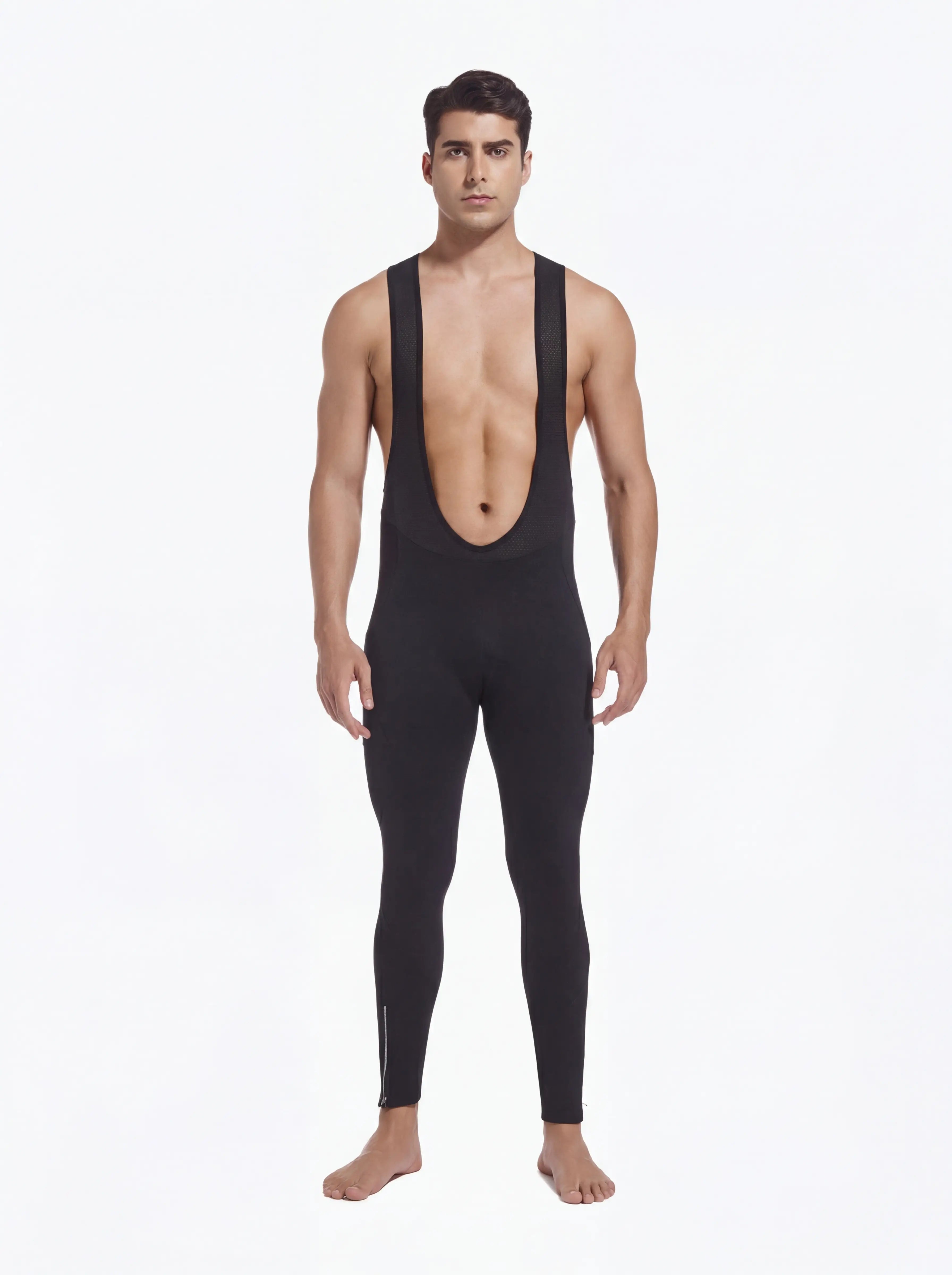 QUALICOS Men's Cycling Bib Tights front view with full-length fit, mesh straps, and ankle zipper details