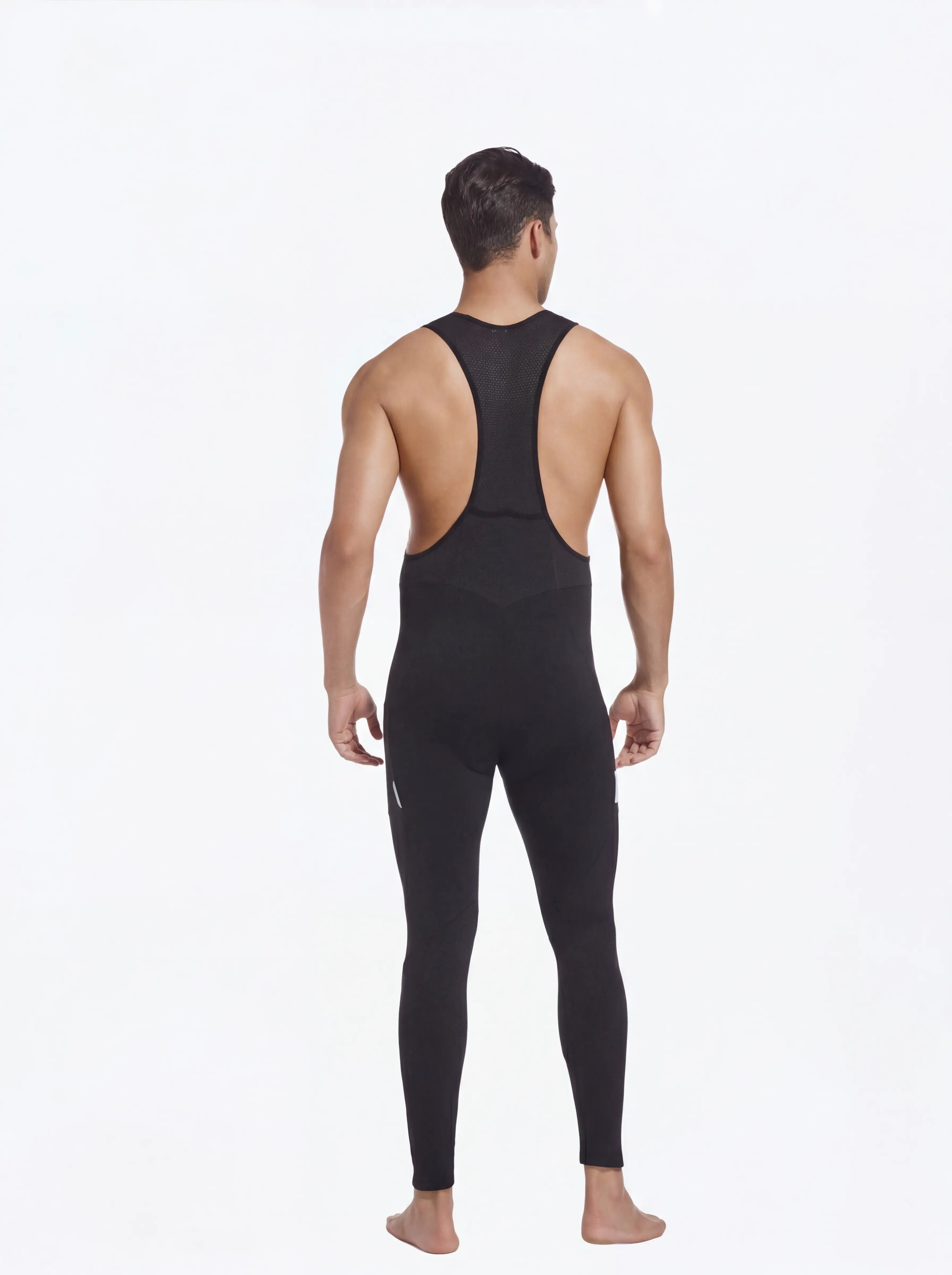 QUALICOS Men's Cycling Bib Tights rear view with breathable mesh back, full-length fit, and ankle zipper details