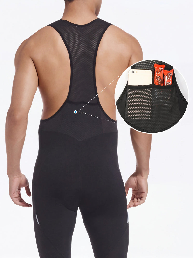 QUALICOS Men's Cycling Bib Tights rear view with breathable mesh back pockets for phone and snacks