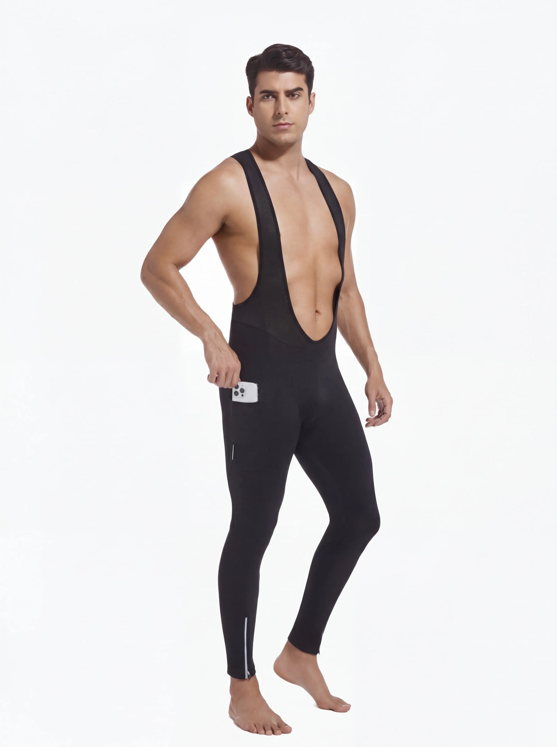 QUALICOS Men's Cycling Bib Tights side view with phone pocket, full-length fit, and ankle zipper details