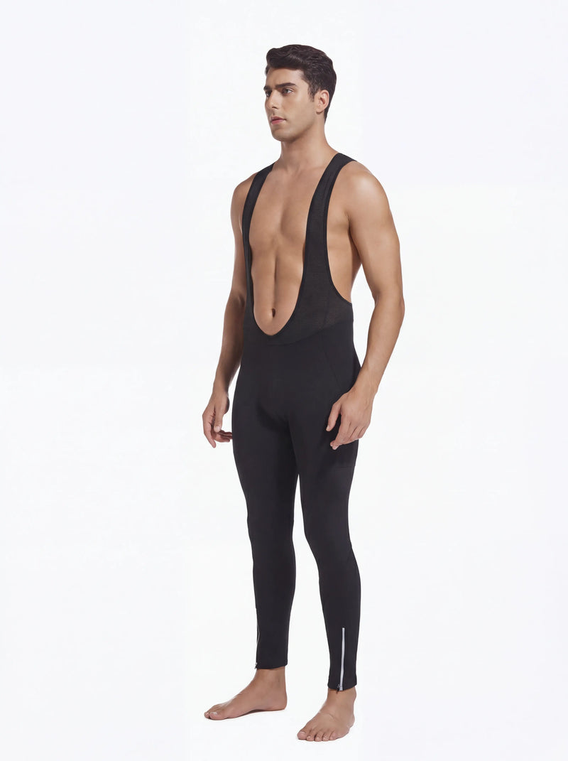 QUALICOS Men's Cycling Bib Tights three-quarter front view with mesh bib straps and ankle zipper details