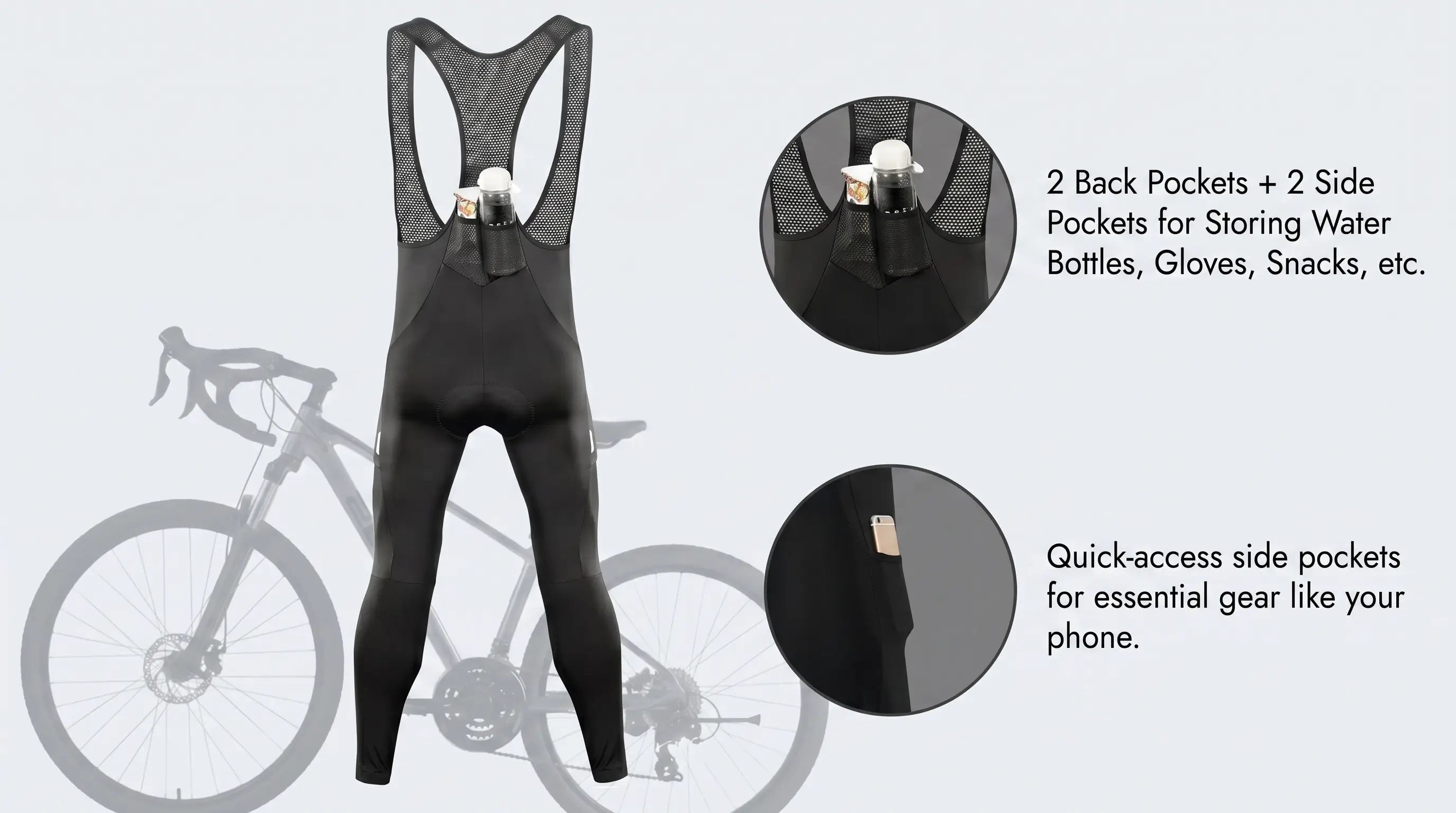 QUALICOS Men's Fleece Cycling Bib Tights with 2 back pockets, side pockets, and breathable mesh bib straps