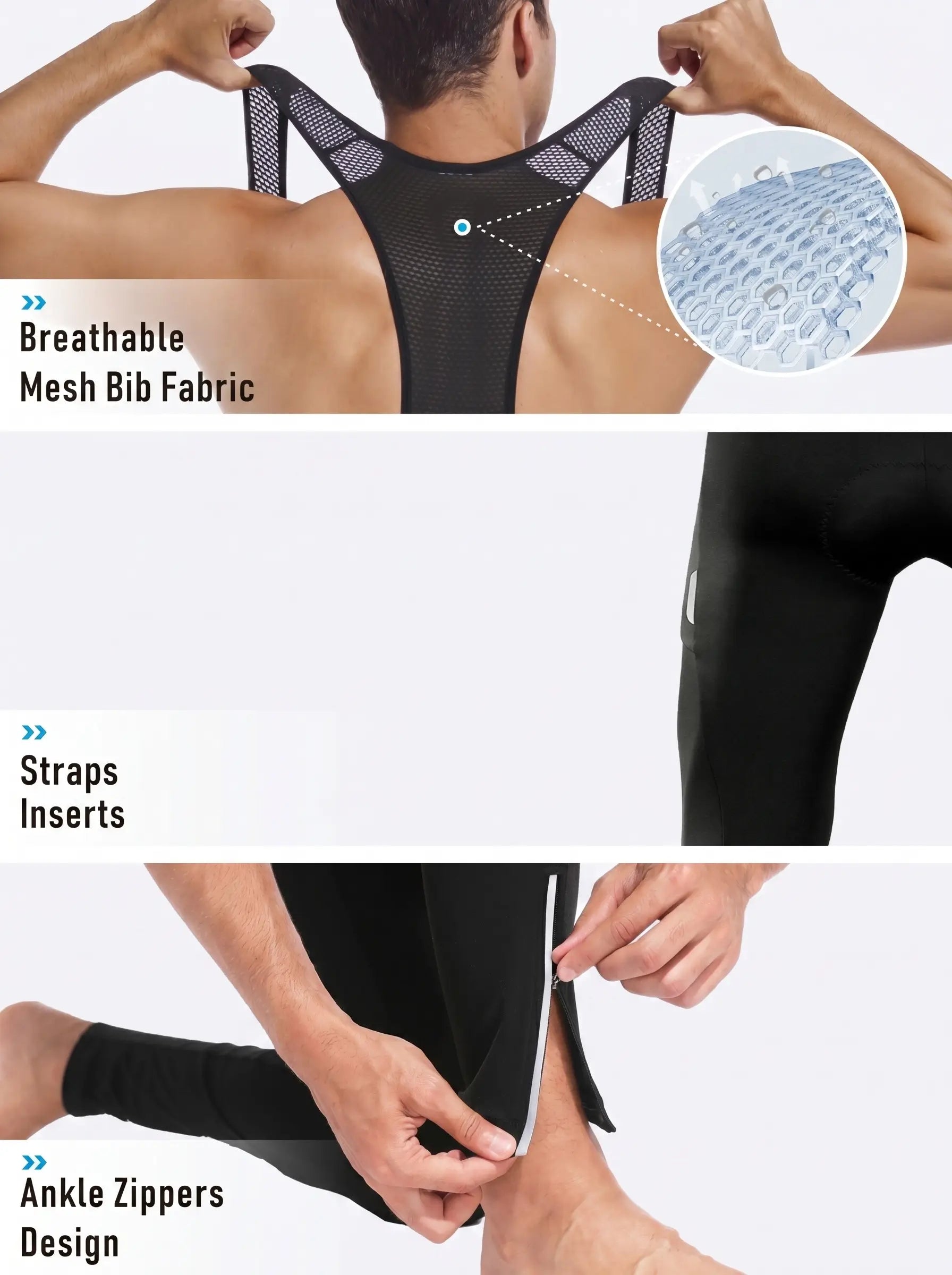 QUALICOS Men's Fleece Cycling Bib Tights with breathable mesh bib, strap inserts, and ankle zipper design