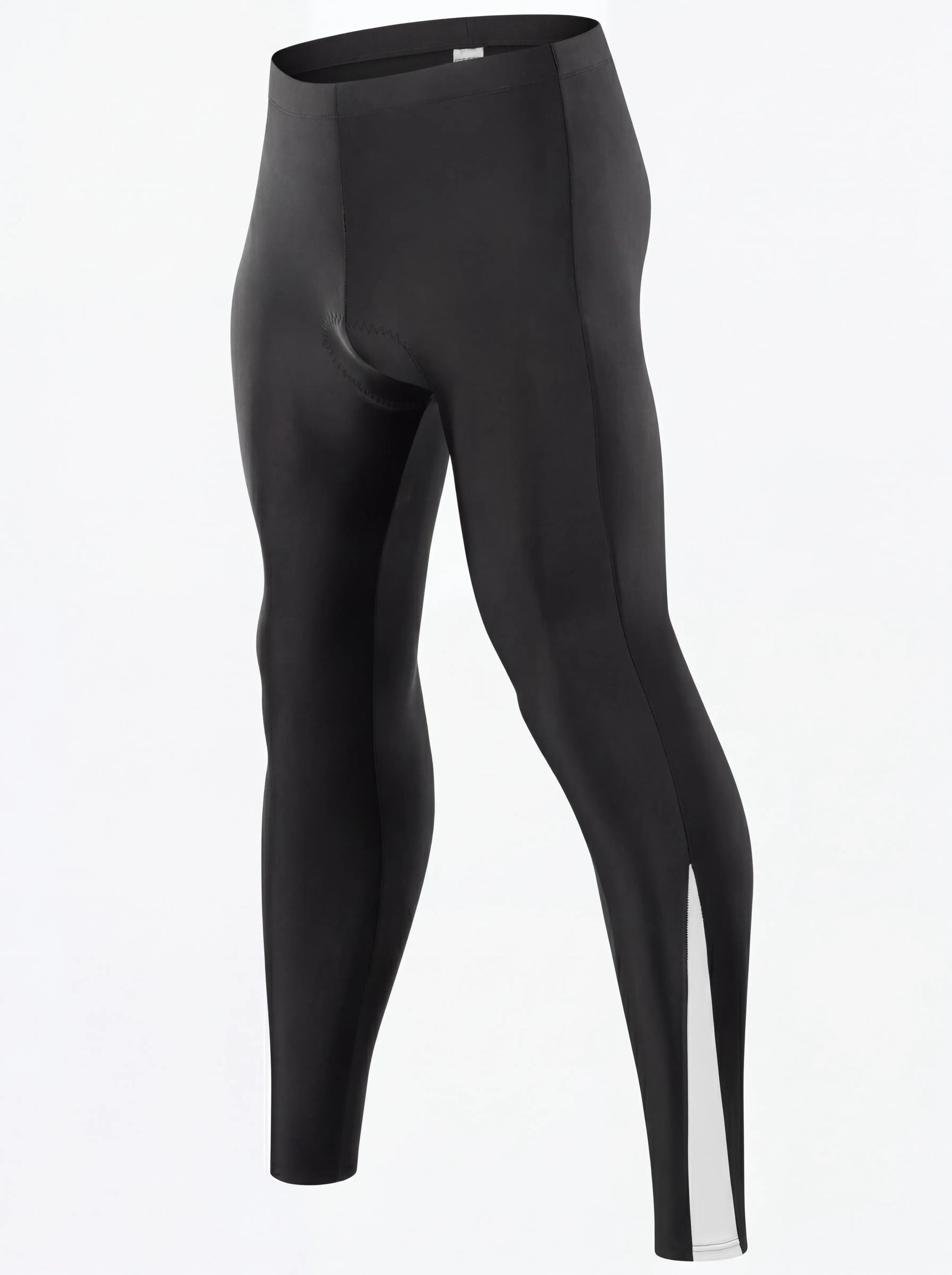 QUALICOS Men's Lightweight Cycling Tights black angled front view with padded seat and reflective ankle detail