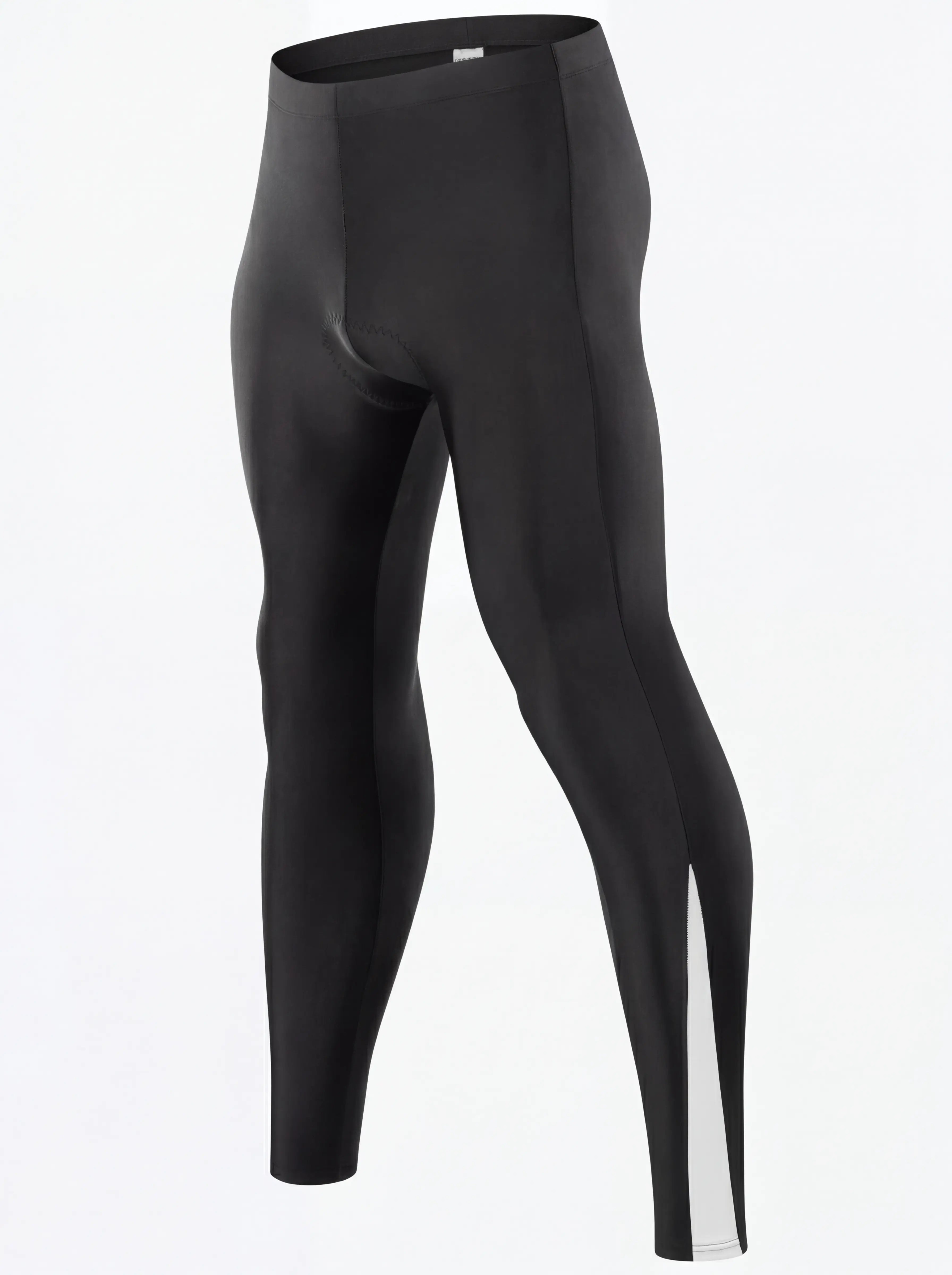 QUALICOS Men's Lightweight Cycling Tights black angled front view with padded seat and reflective ankle detail