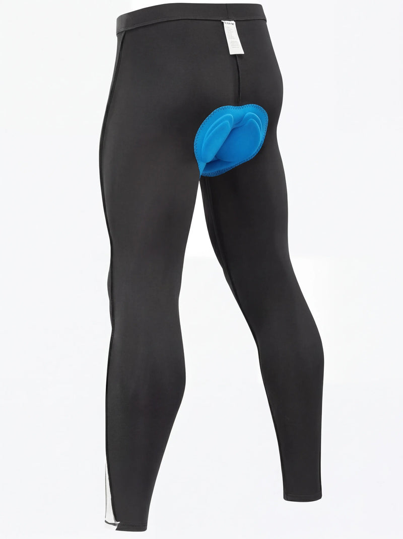QUALICOS Men's Lightweight Cycling Tights black back angled view with blue chamois pad and reflective ankle detail