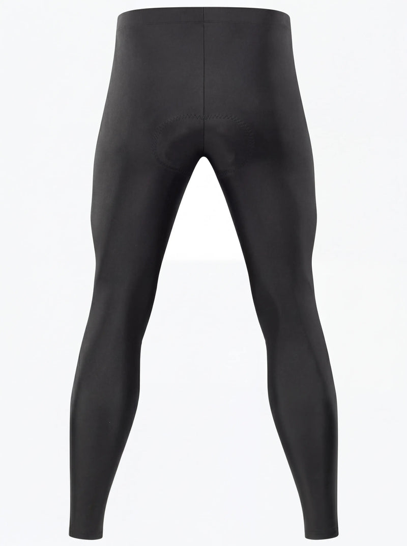 QUALICOS Men's Lightweight Cycling Tights black flat lay front view with padded seat and slim full-length fit