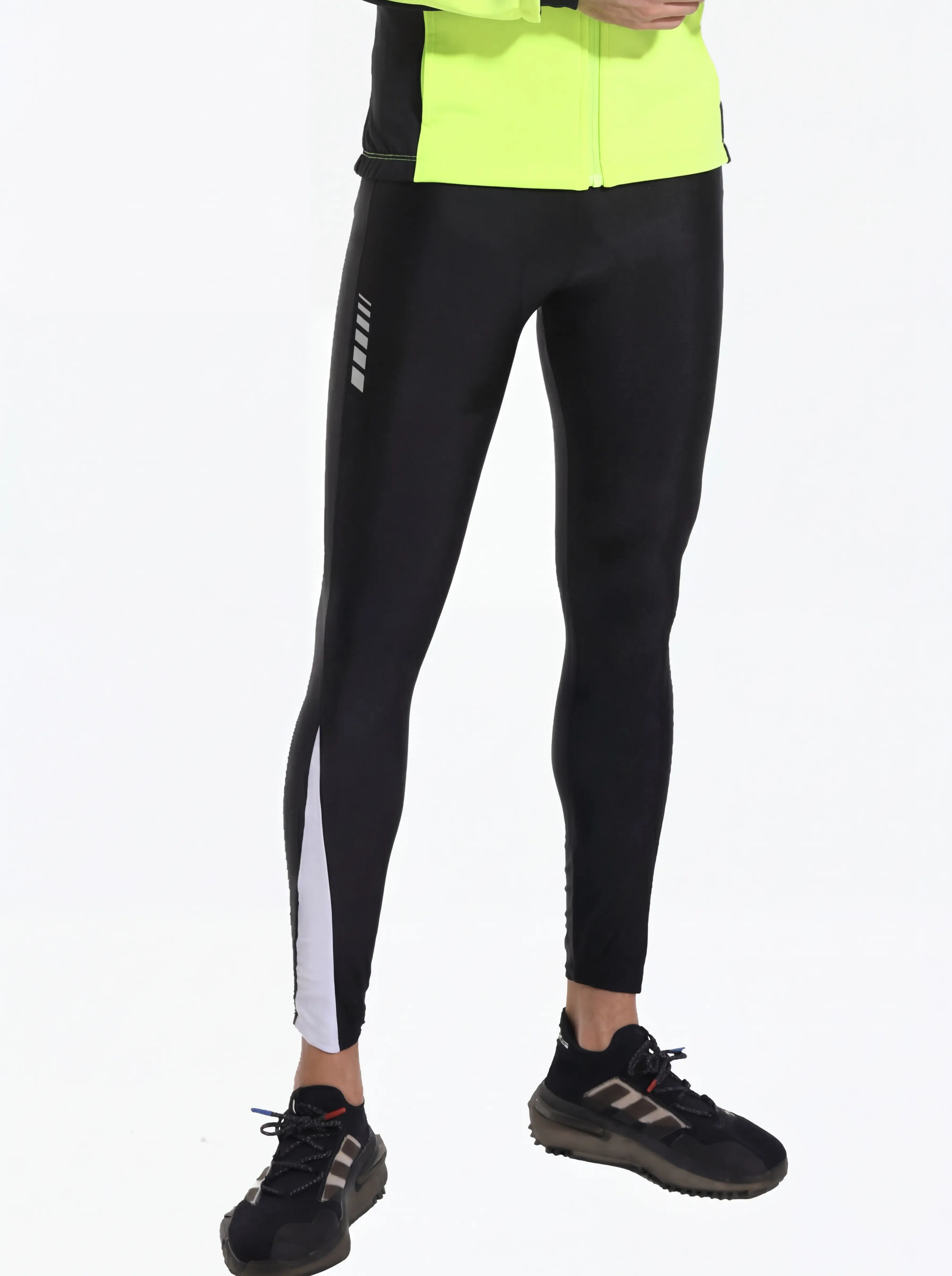 QUALICOS Men's Lightweight Cycling Tights black front view on model with reflective side stripe and slim ankle fit