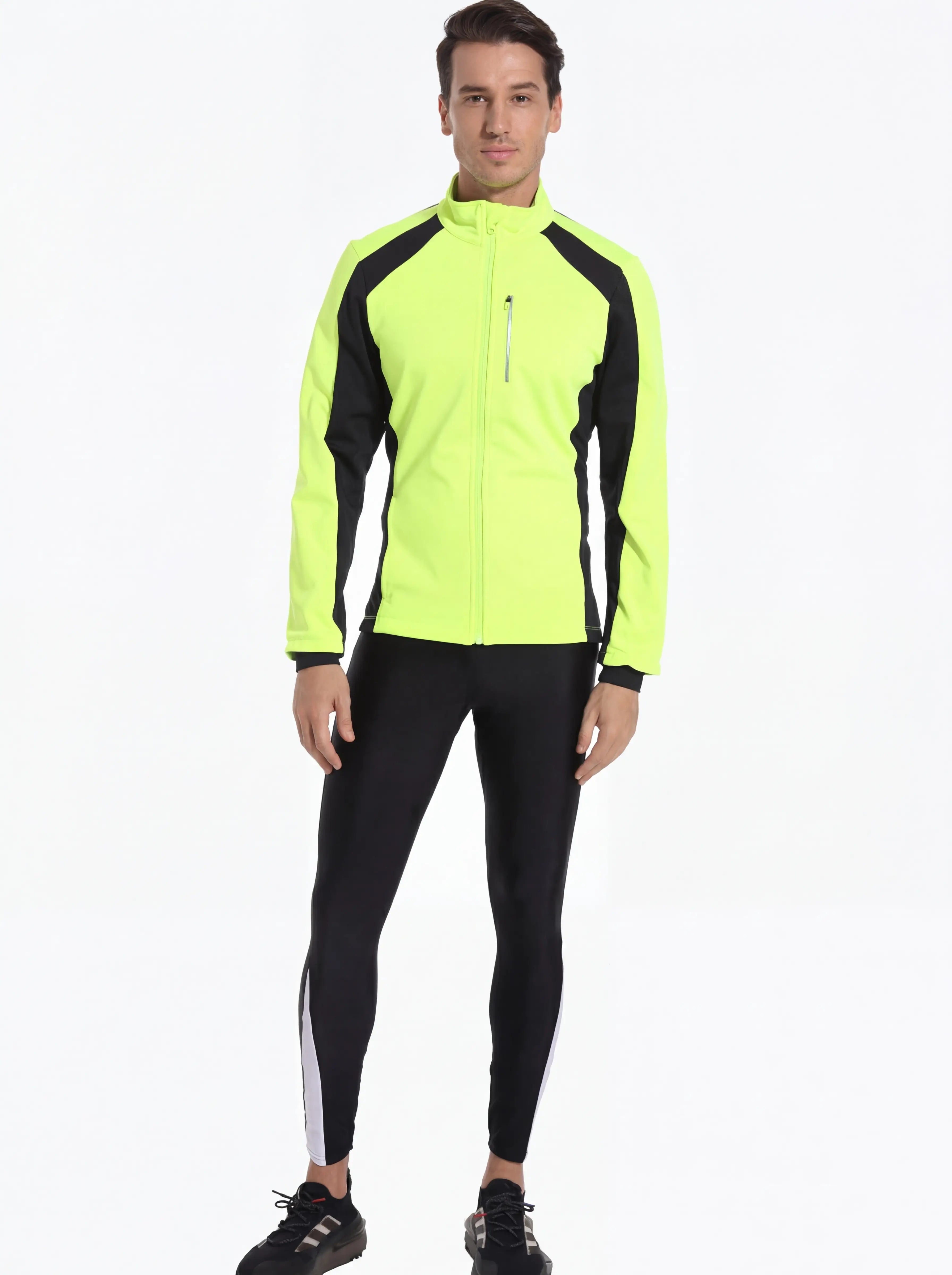 QUALICOS Men's Lightweight Cycling Tights black full front view on model with reflective side panels and slim fit