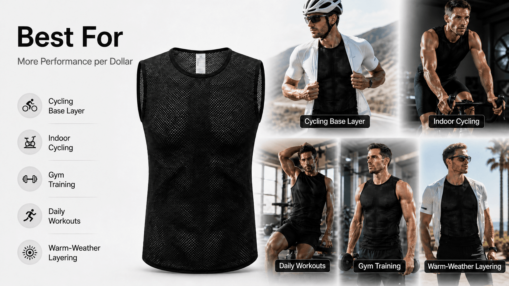 QUALICOS Men's Mesh Cycling Base Layer for cycling, indoor cycling, gym training, daily workouts and warm-weather layering