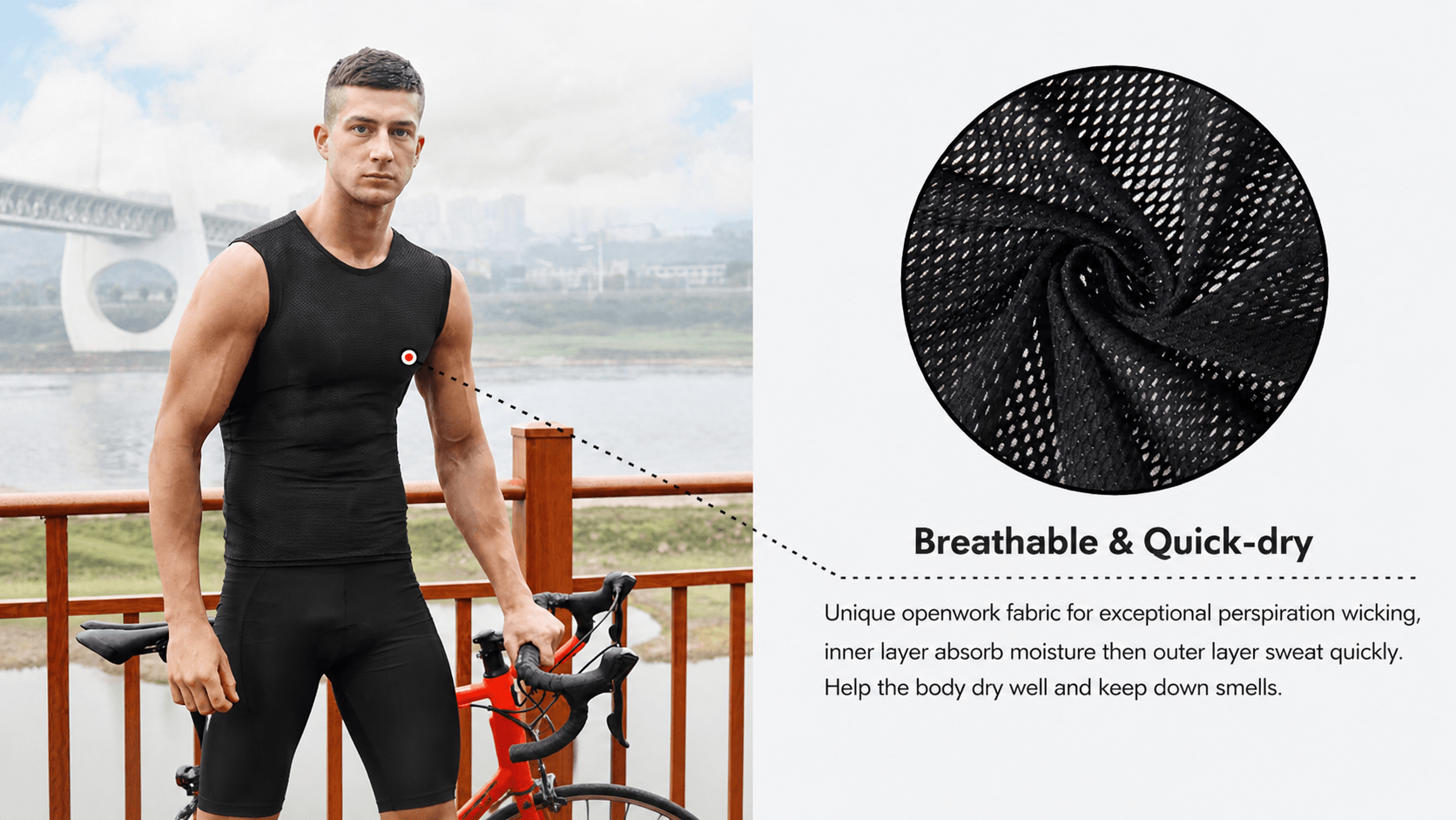 QUALICOS Men's Mesh Cycling Base Layer black on model with breathable quick-dry mesh fabric close-up