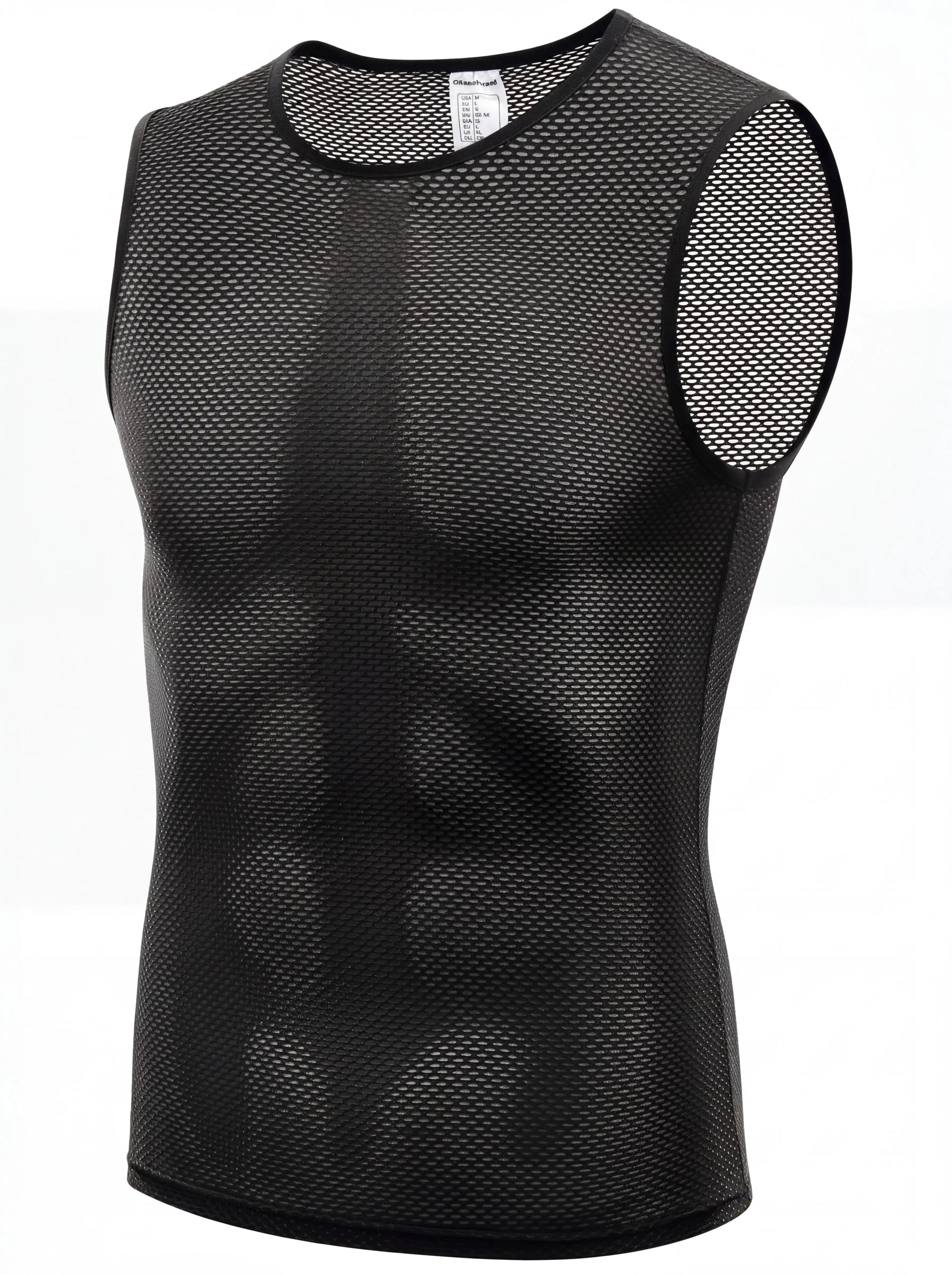 QUALICOS Men's Mesh Cycling Base Layer black flat lay front view with sleeveless breathable open mesh fabric
