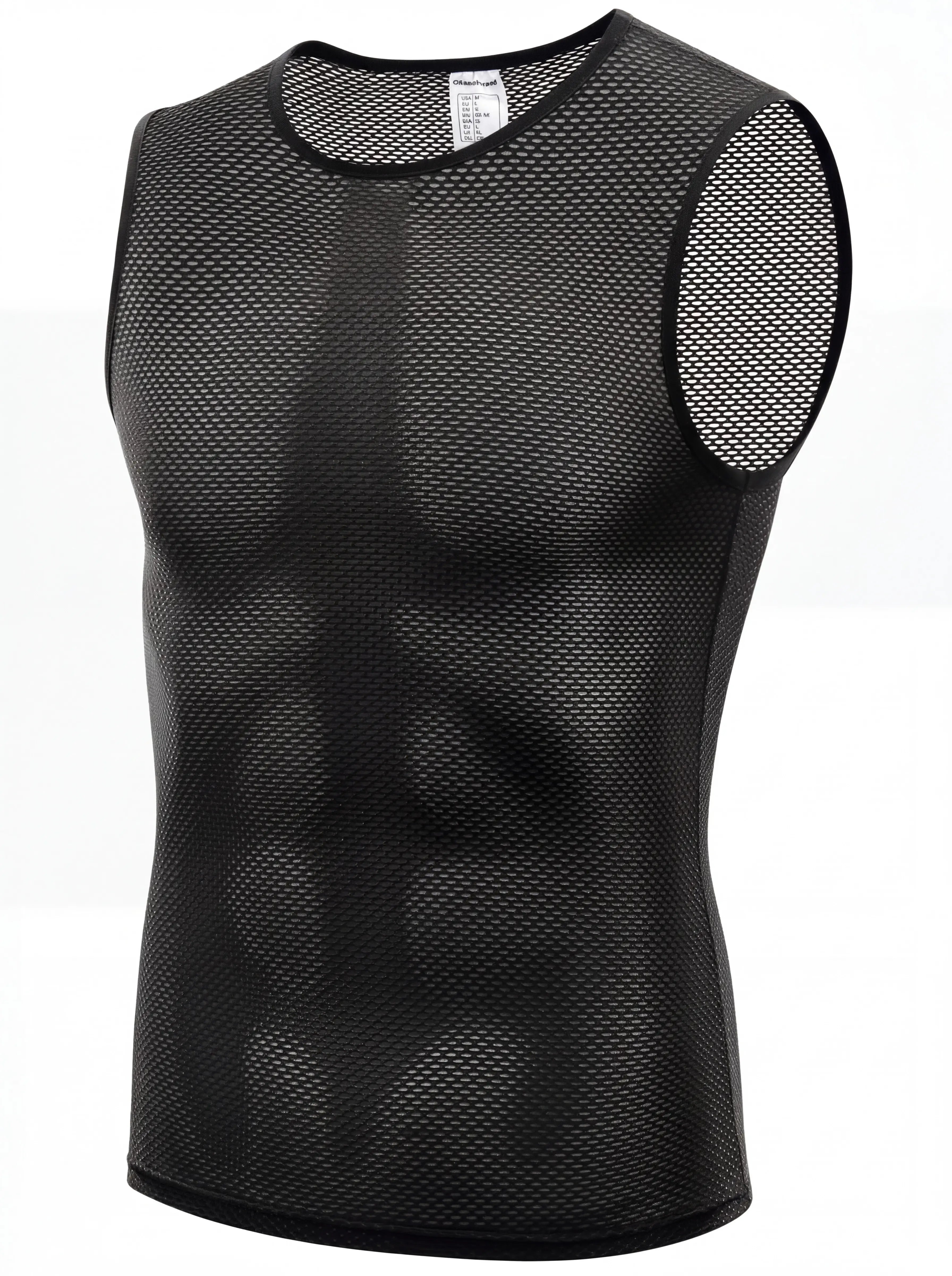 QUALICOS Men's Mesh Cycling Base Layer black flat lay front view with sleeveless breathable open mesh fabric