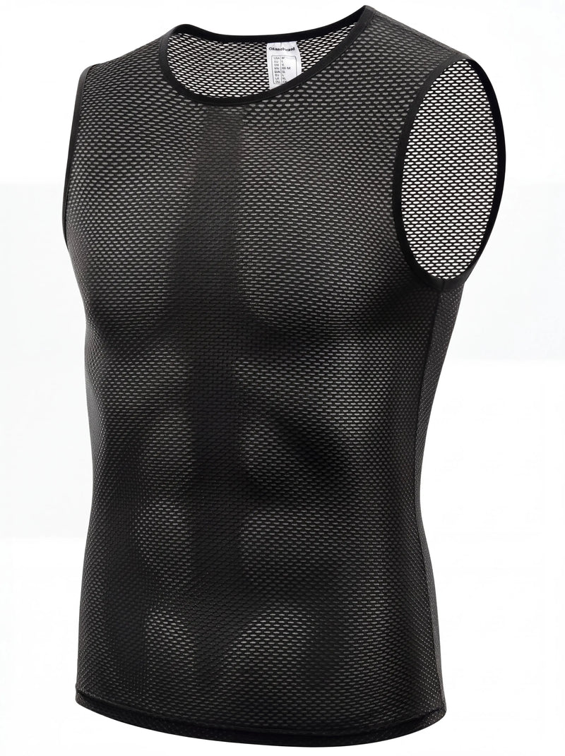 QUALICOS Men's Mesh Cycling Base Layer black flat lay front view with sleeveless breathable open mesh fabric