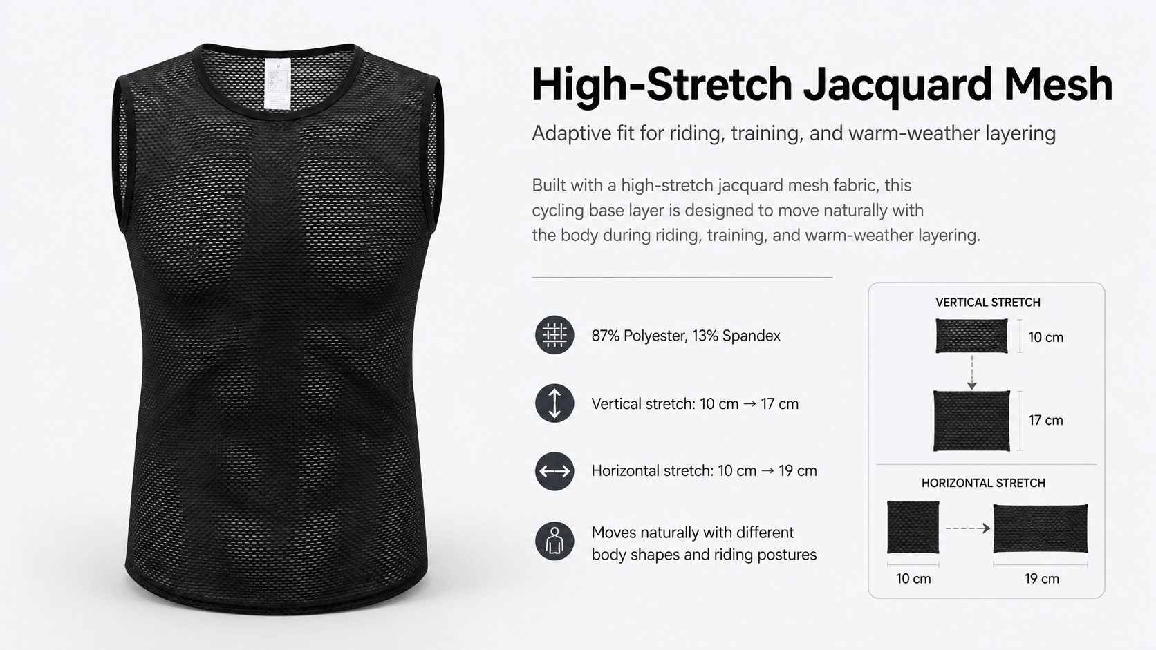 QUALICOS Men's Mesh Cycling Base Layer black high-stretch jacquard mesh with 87% polyester, 13% spandex