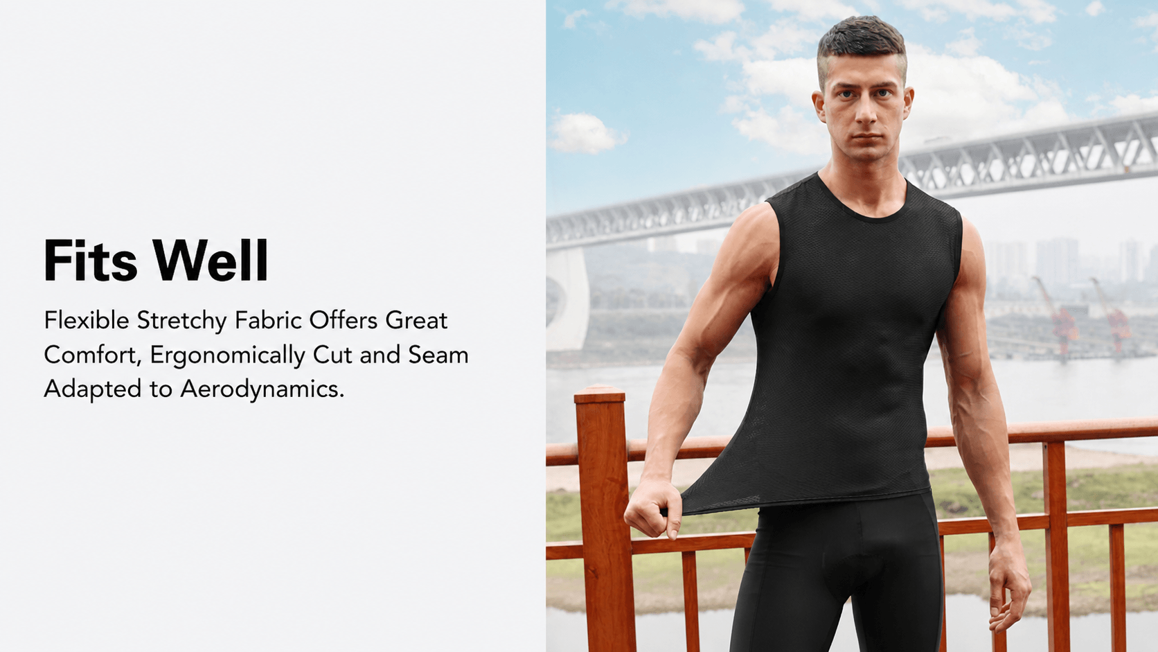 QUALICOS Men's Mesh Cycling Base Layer black on model with stretch fit and breathable sleeveless mesh fabric
