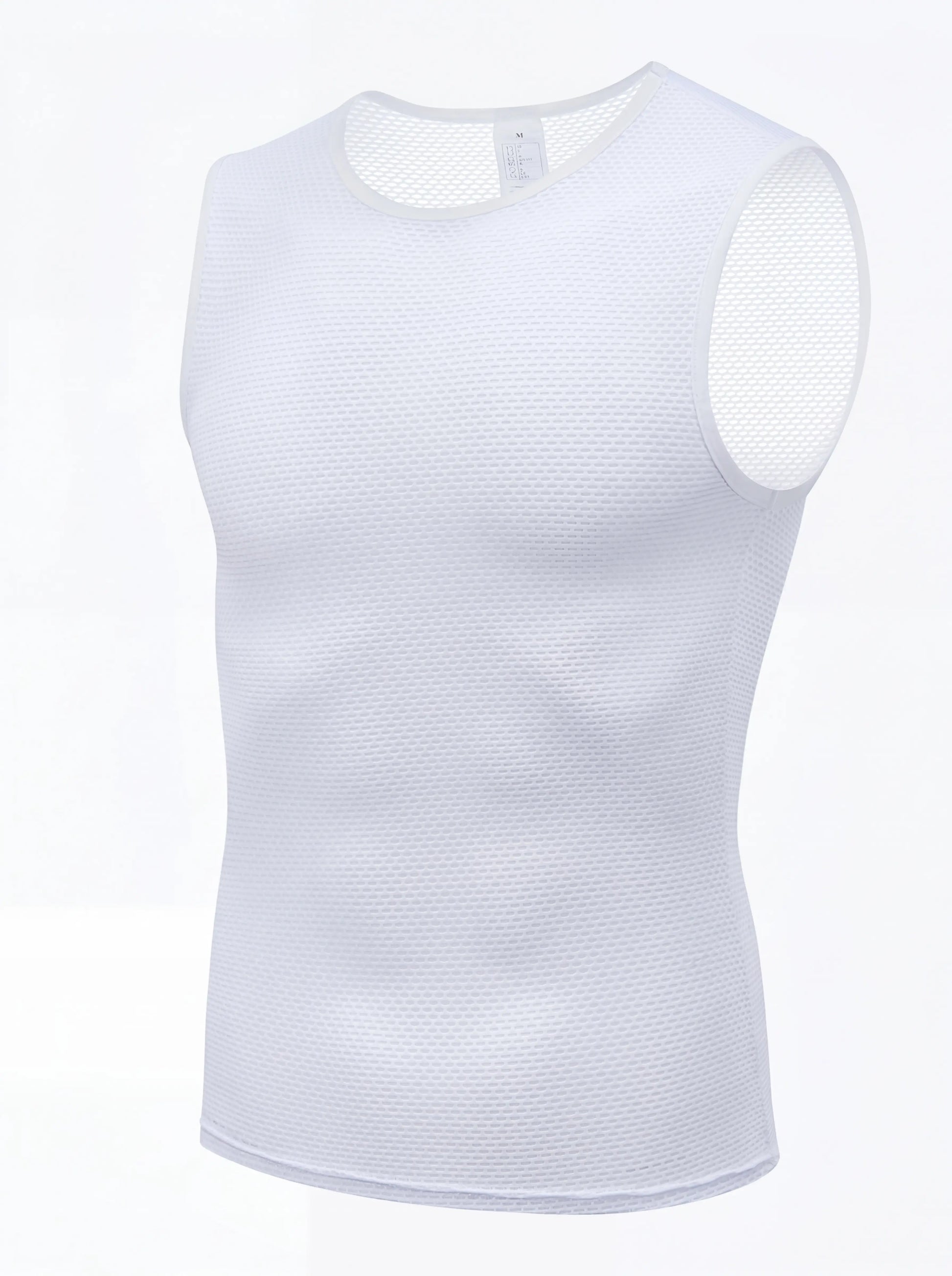 QUALICOS Men's Mesh Cycling Base Layer white flat lay front view with sleeveless breathable open mesh fabric