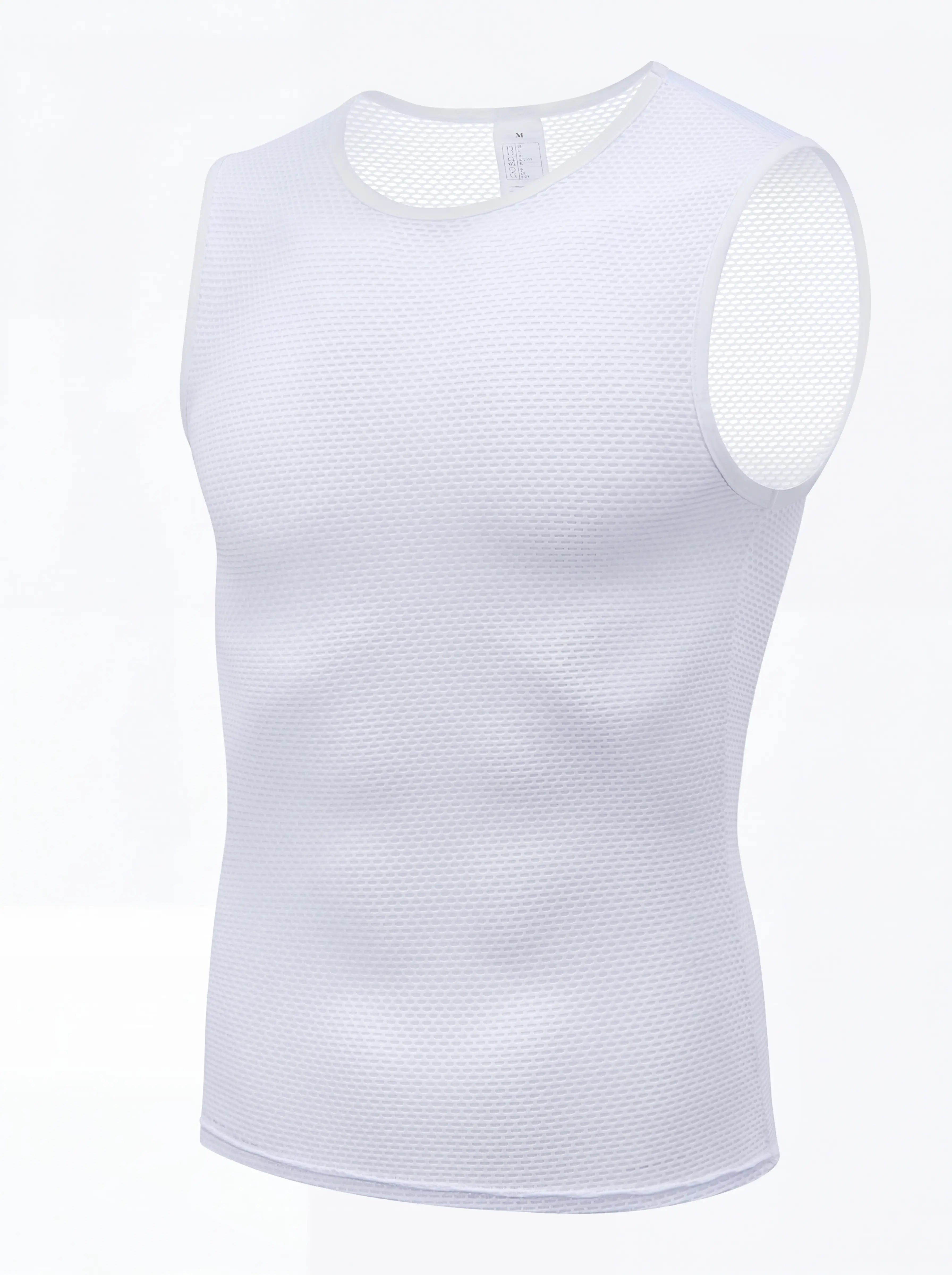 QUALICOS Men's Mesh Cycling Base Layer white flat lay front view with sleeveless breathable open mesh fabric
