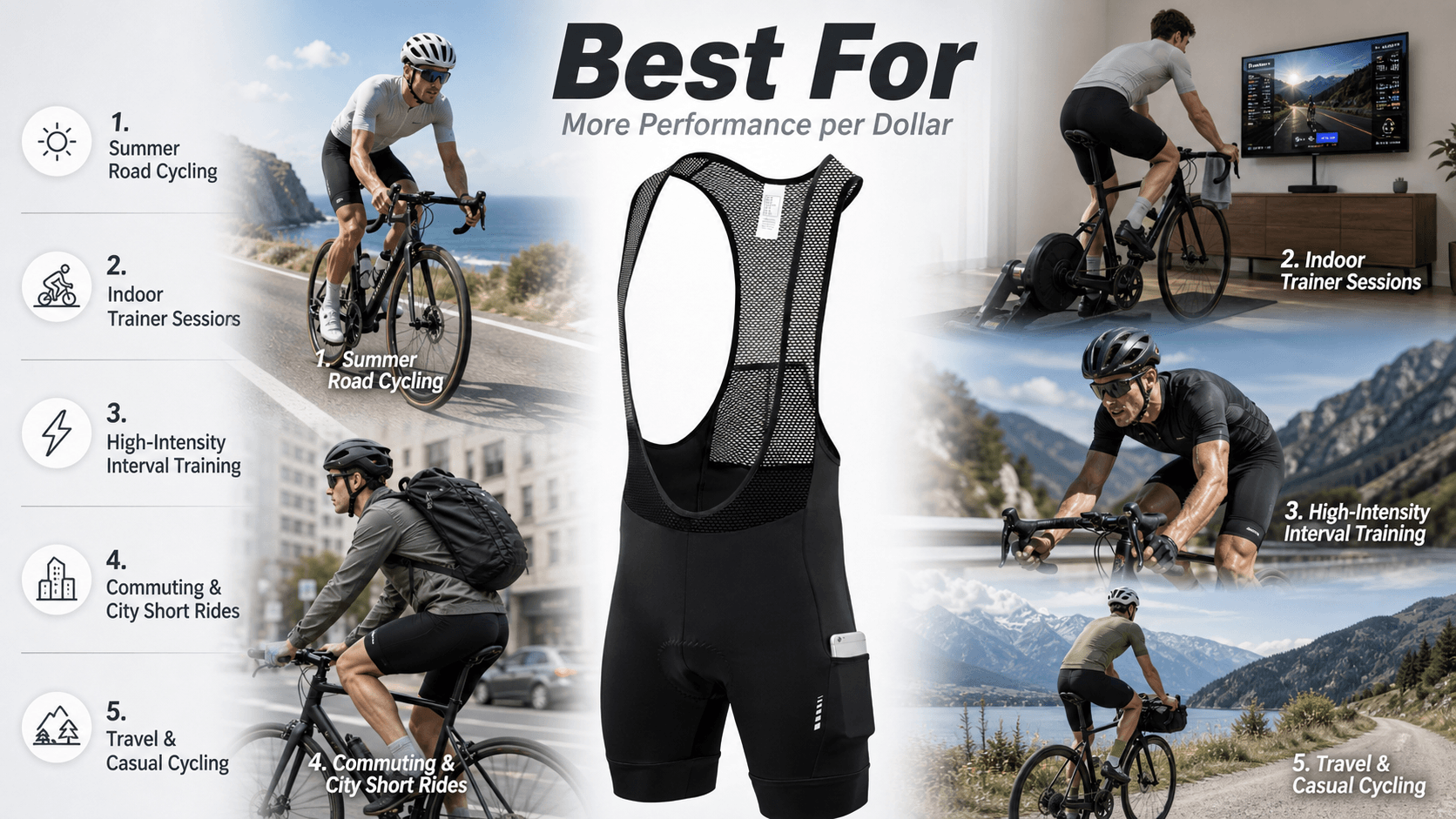 QUALICOS Men's MTB Performance Bib Shorts for summer road cycling, indoor trainer, HIIT, commuting and travel