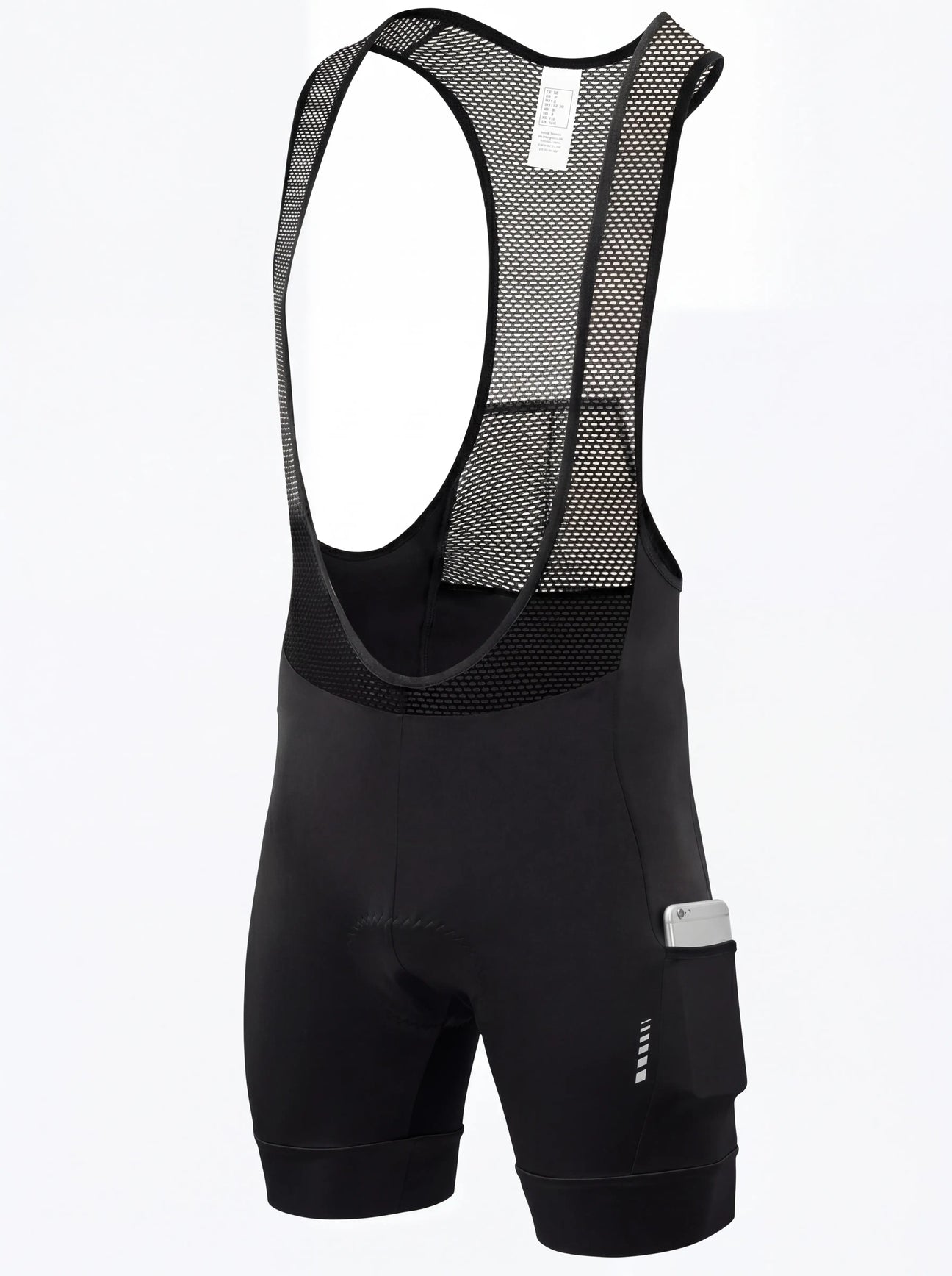 QUALICOS Men's MTB Performance Bib Shorts black angled front view with breathable mesh bib straps and side pocket