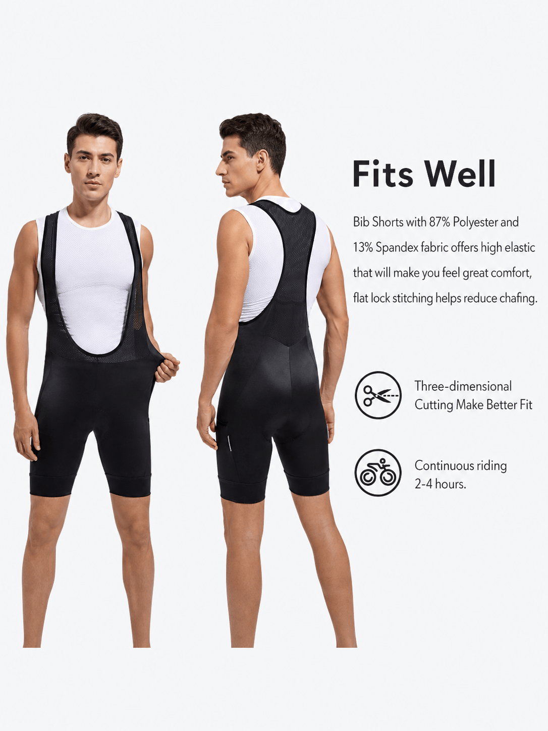 QUALICOS Men's MTB Performance Bib Shorts black fit guide with front and back model views and 3D ergonomic cut