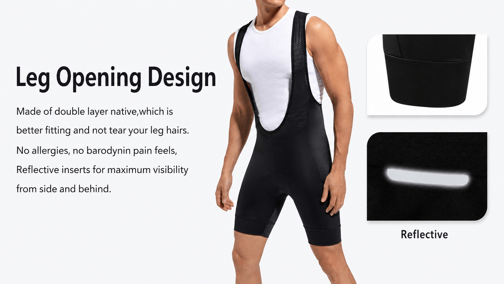 QUALICOS Men's MTB Performance Bib Shorts black leg opening design with elastic grippers and reflective detail