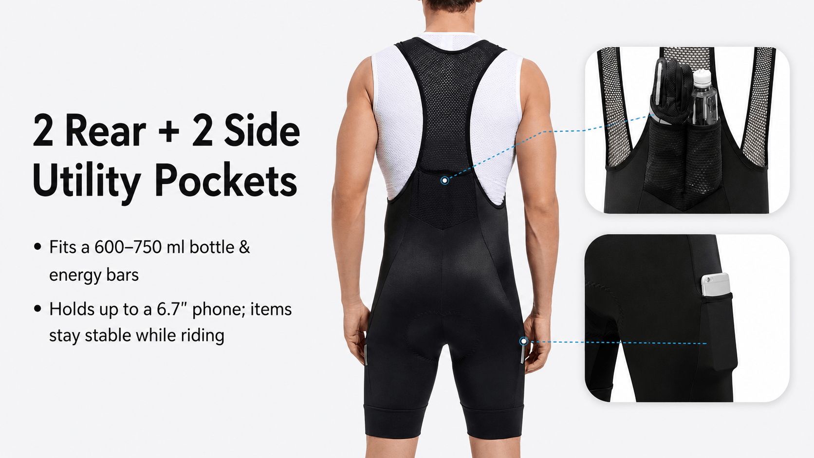 QUALICOS Men's MTB Performance Bib Shorts black back view with 2 rear and 2 side utility pockets