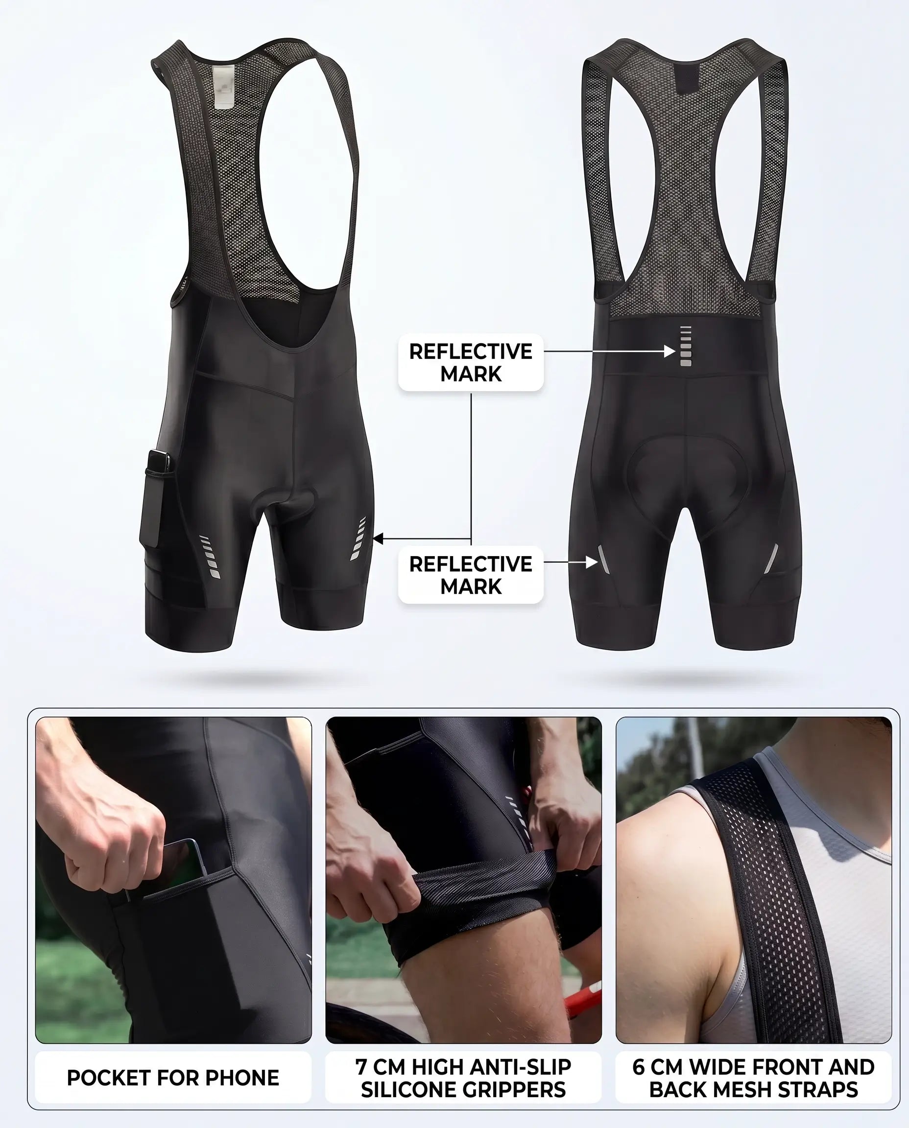 QUALICOS Men's Road Cycling Bib Shorts with reflective marks, side pocket, silicone grippers and mesh straps
