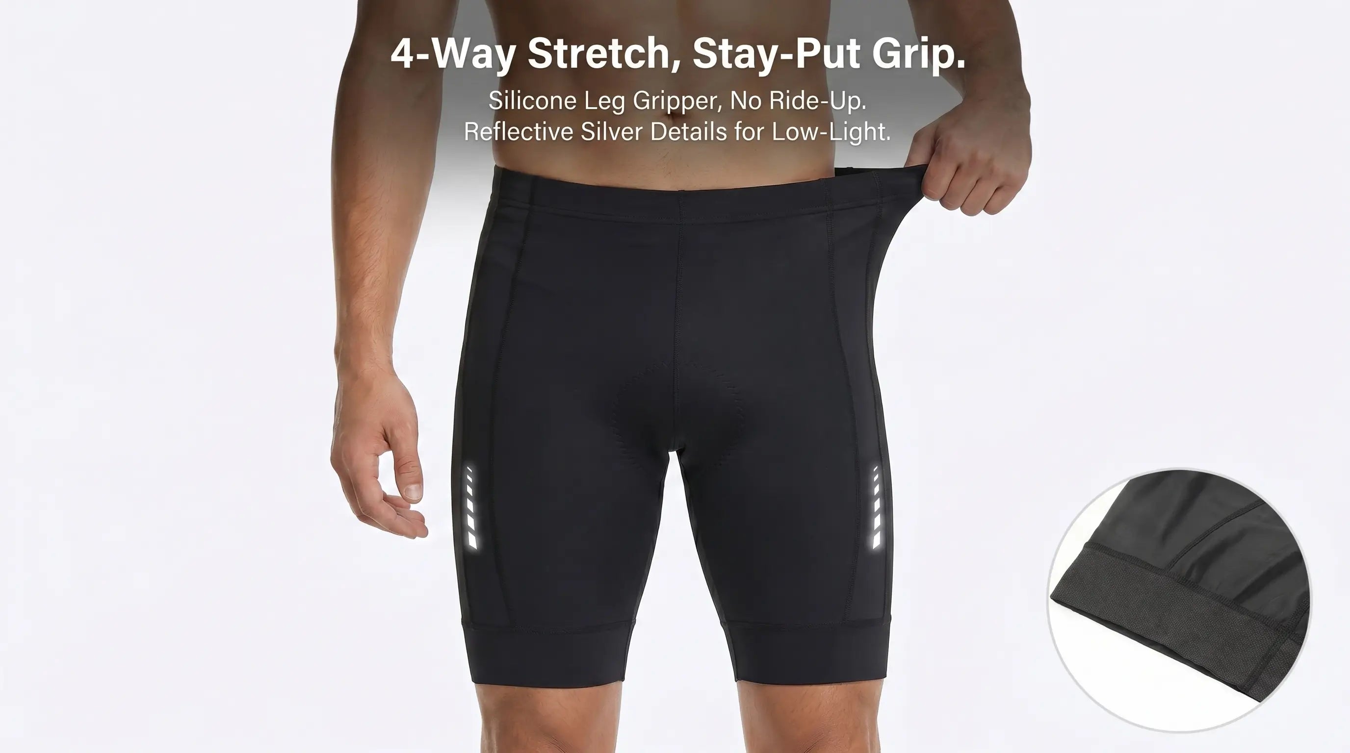 QUALICOS Men's Tri Shorts black 4-way stretch triathlon shorts with silicone leg grippers and reflective details